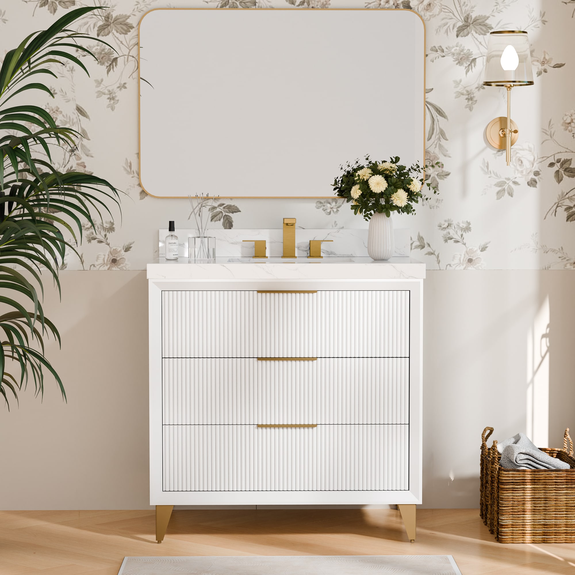 FURUISI LL36001W-36IN 36-in white Undermount Single sink Bathroom Vanity with White Veined Cultured marble Top