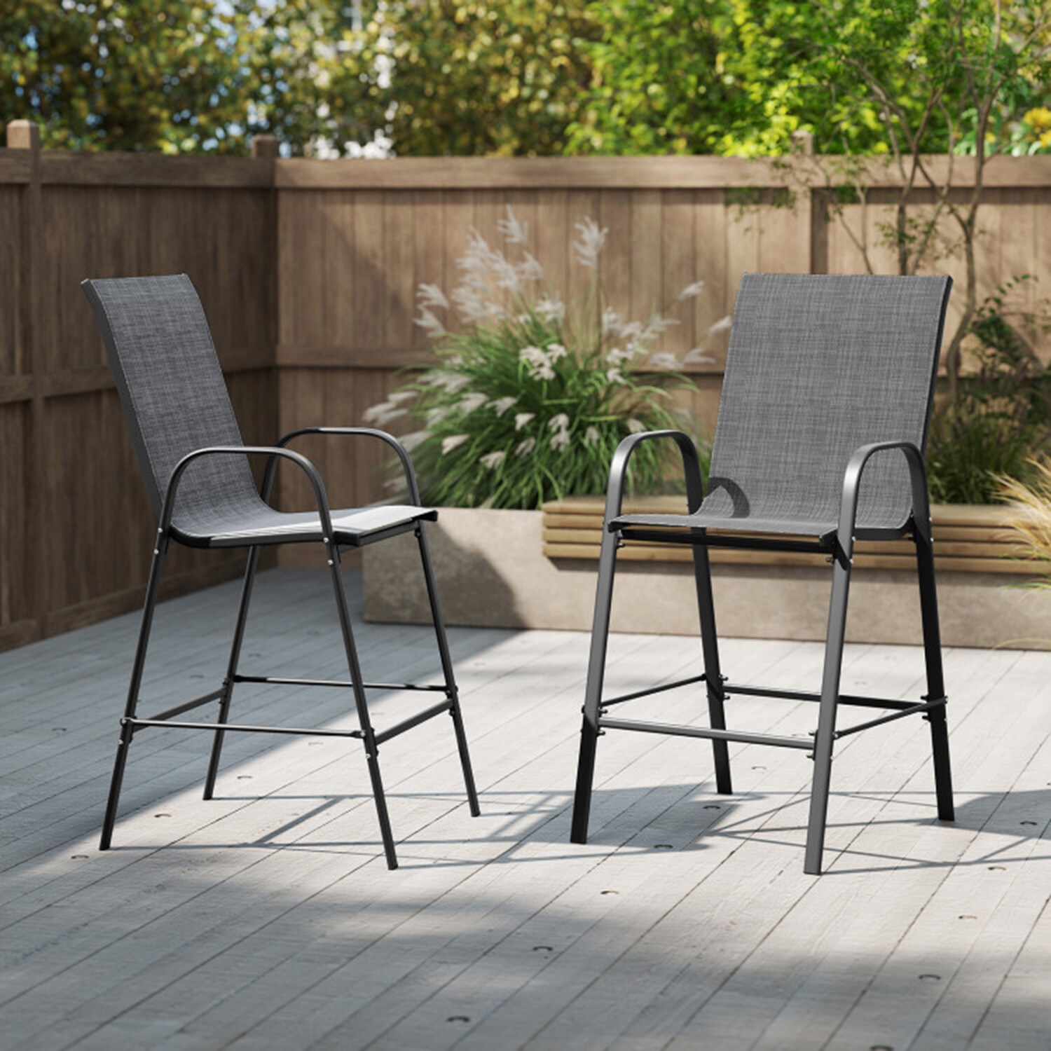 Mondawe MO-NP11924DK2 Set of 2 Black Metal Frame Stationary Bar Stool Chair with Gray Sling Seat