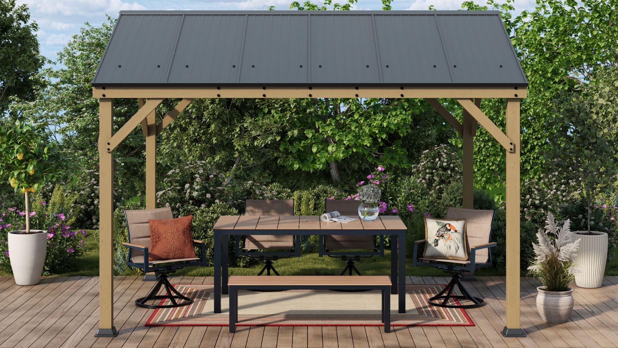 allen + roth TPGAZ2528 12-ft x 12-ft Light Brown Cedar Wood Square Gazebo with Hardtop Steel Roof