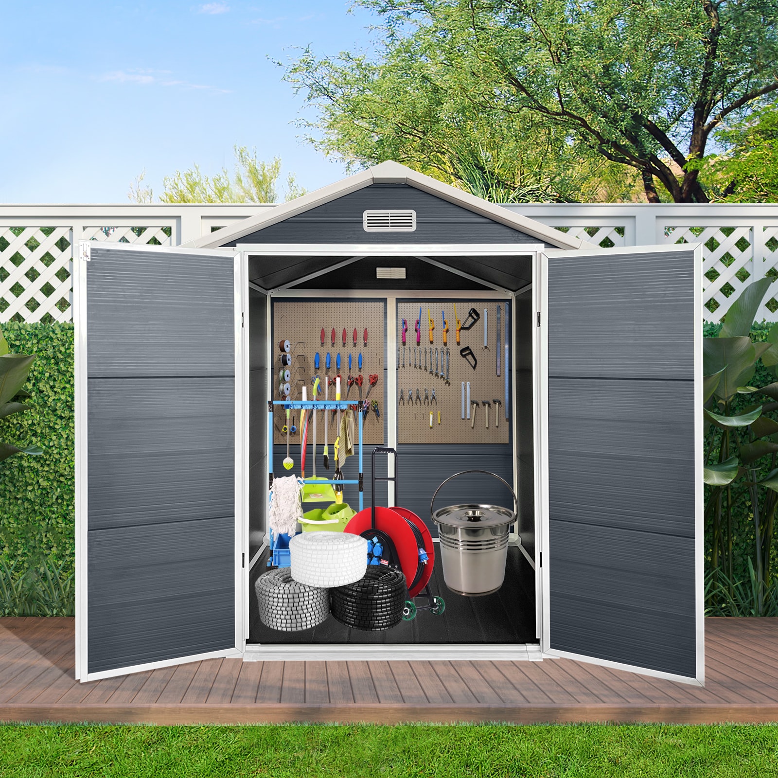 LUXEYARD 6x6 Ft Plastic Outdoor Storage with Floor and Lockable Door Plastic Garden Shed for Backyard Lawn Cold Grey