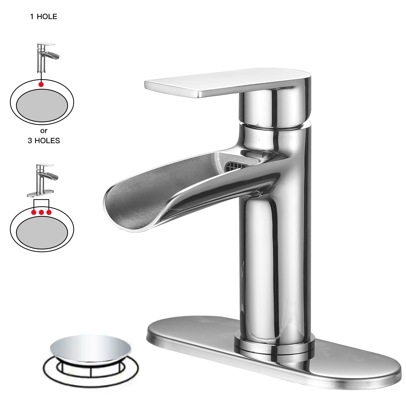 BWE A-96085-C-3 Polished Chrome Single hole 1-handle WaterSense Waterfall Commercial/Residential Handle Bathroom Sink Faucet with Drain with Deck Plate