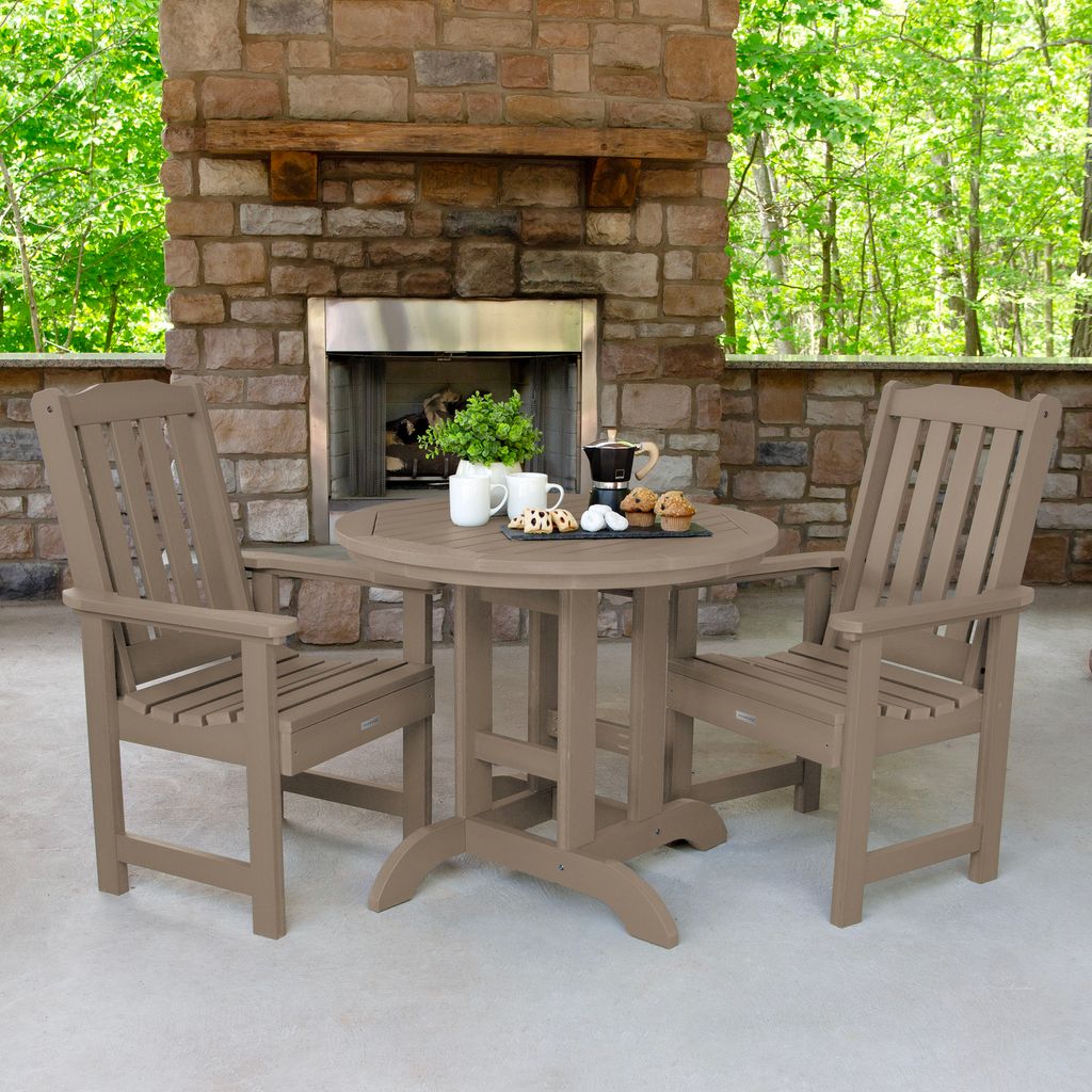 highwood AD-DNL36-WBR Lehigh 3 -Piece Woodland Brown Patio Dining Set Plastic Round Table with 2 Stationary Chairs