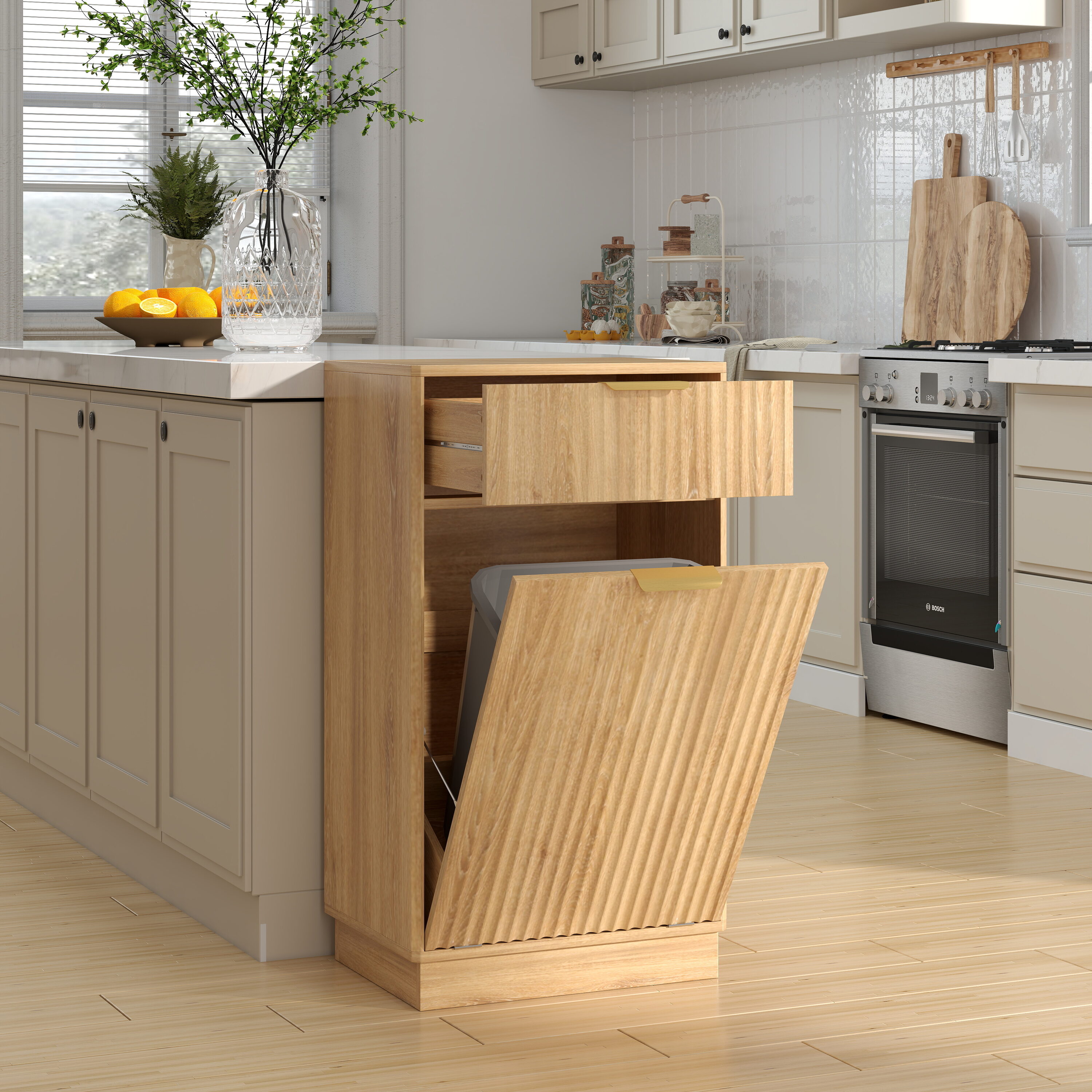 KTMBDW 10 Gallons Tilt Out Trash Cabinet - Wood Freestanding Kitchen Trash Bin Cabinet with Drawer Hidden Trash Cabinet for Kitchen - Oak
