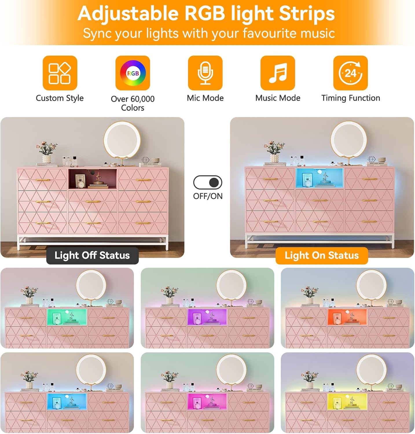 WhizMax MIE-PHO-15YMR1H8 59 Inch Modern Pink Dresser With 8 Drawers Built In Charging Station Led Lights Two Ac Outlets Two Usb Ports Open Shelf Anti Tip Safety For Bedroom Living Room Hallway Stylish Durable Design