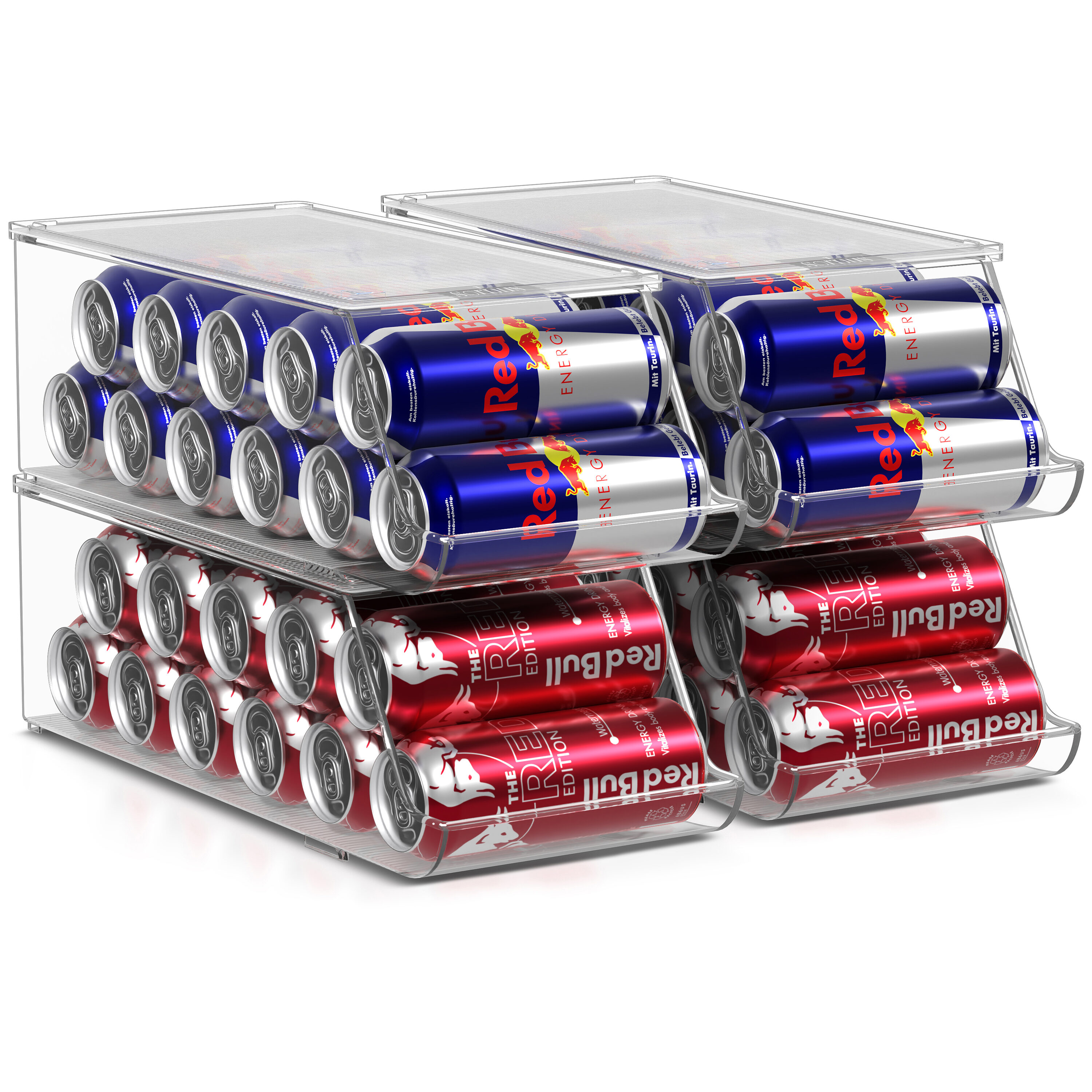  4 Pack Stackable Slim Can Holder Dispenser with Lid for Fridge Pantry Freezer