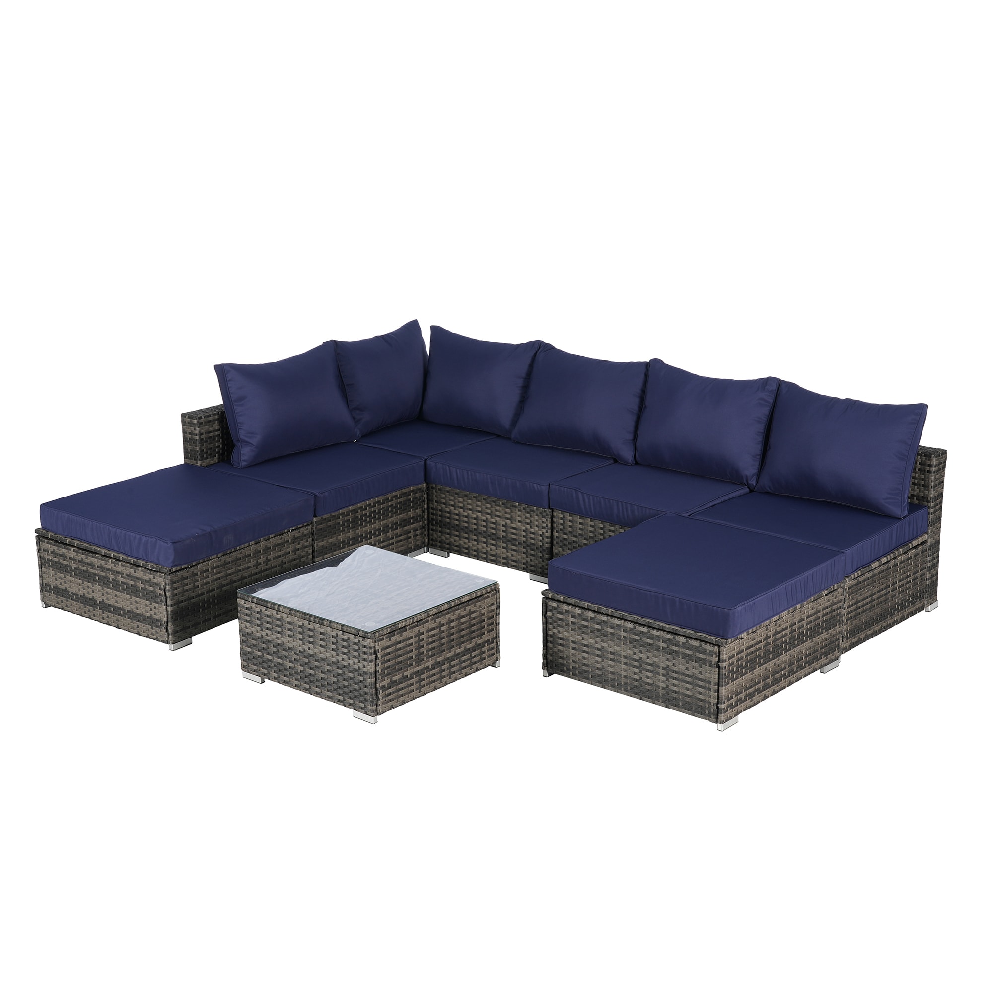SINOFURN SYB670028NY Wicker Outdoor Sectional with Blue Cushions and Wicker Frame