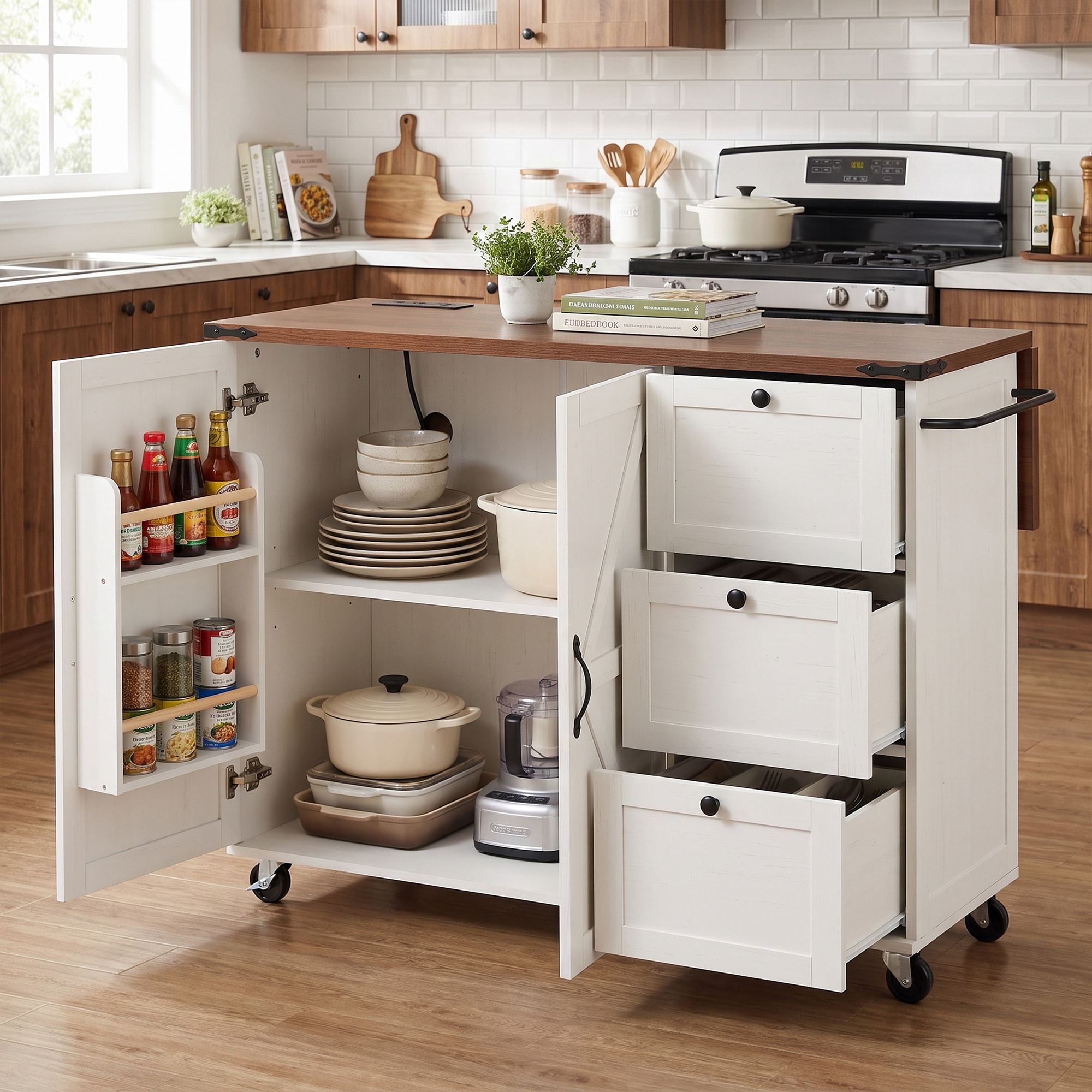 Homy Casa - 54.5-in Farmhouse Rolling Kitchen Island with Drop Leaf Power Outlet 3 Drawers Adjust...
