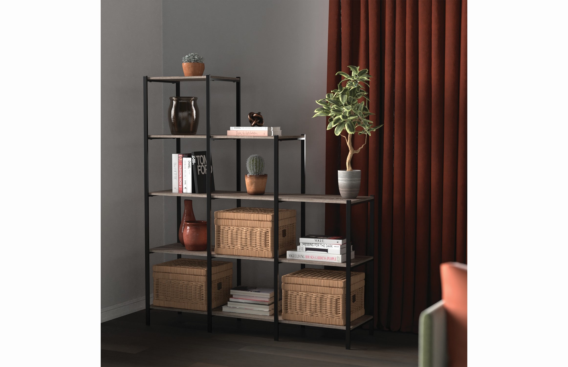 Weathered Gray 5-Tier Ladder Bookcase with Black Metal Frame
