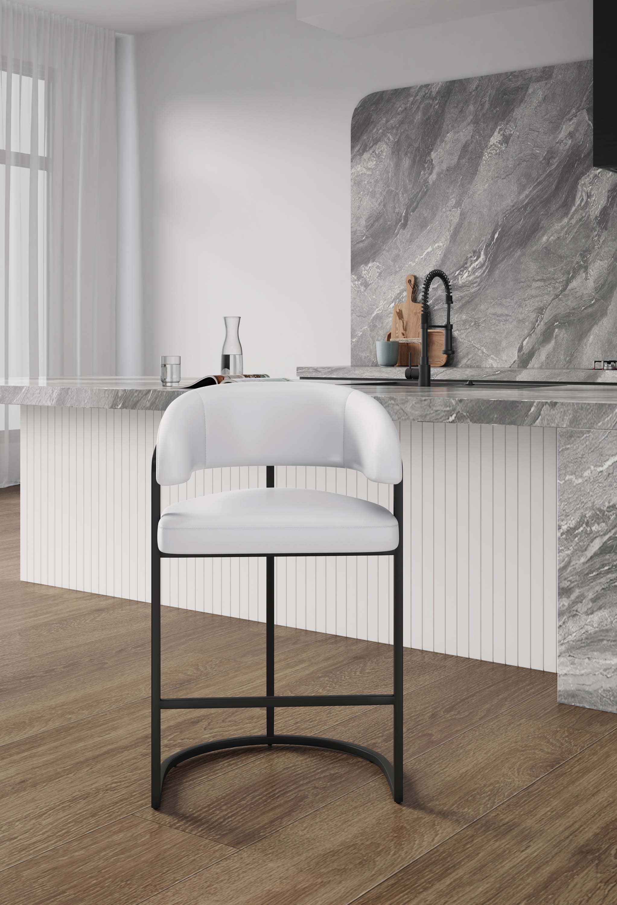 Manhattan Comfort CS018-WH White 26.8-in H Counter height (24-in to 27-in) Bucket Seat Upholstered Metal Back Bar Stool with Arms and Back
