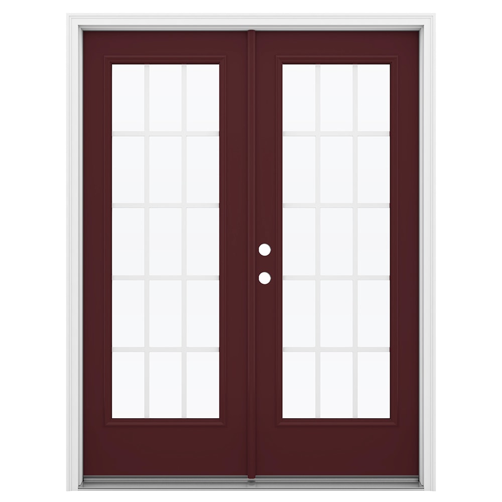 JELD-WEN LOWOLJW206000129 French 60-in x 80-in x 4-9/16-in Jamb Low-E Grilles between the glass , Currant Steel Right-hand inswing French Double Patio Door Brickmould Included