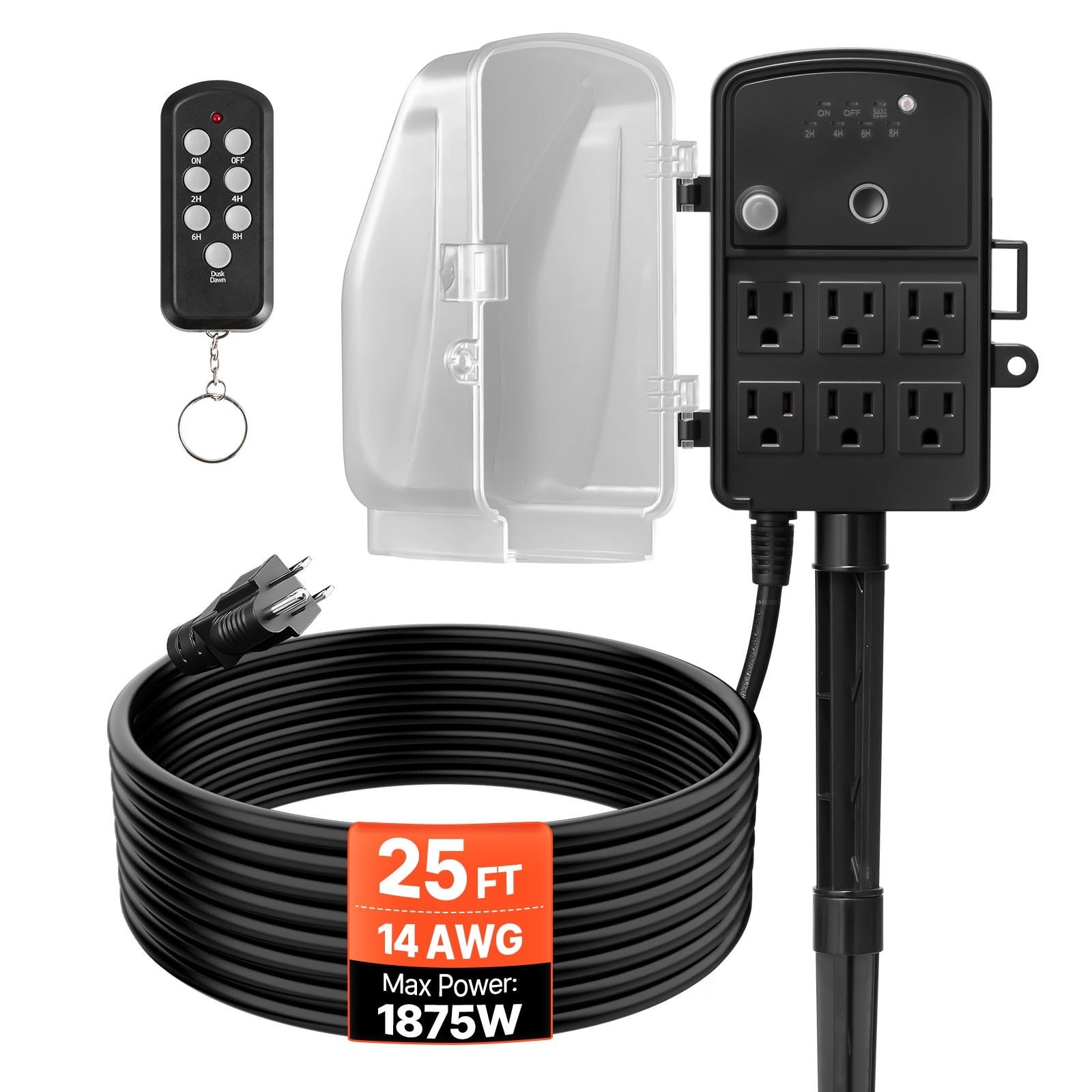 SUGIFT Outdoor Power Stake 25-ft 6 Outlets 15A 1875W Weatherproof Yard with Remote Dusk-to-Dawn Timer Waterproof Cover for Christmas Lights Garden