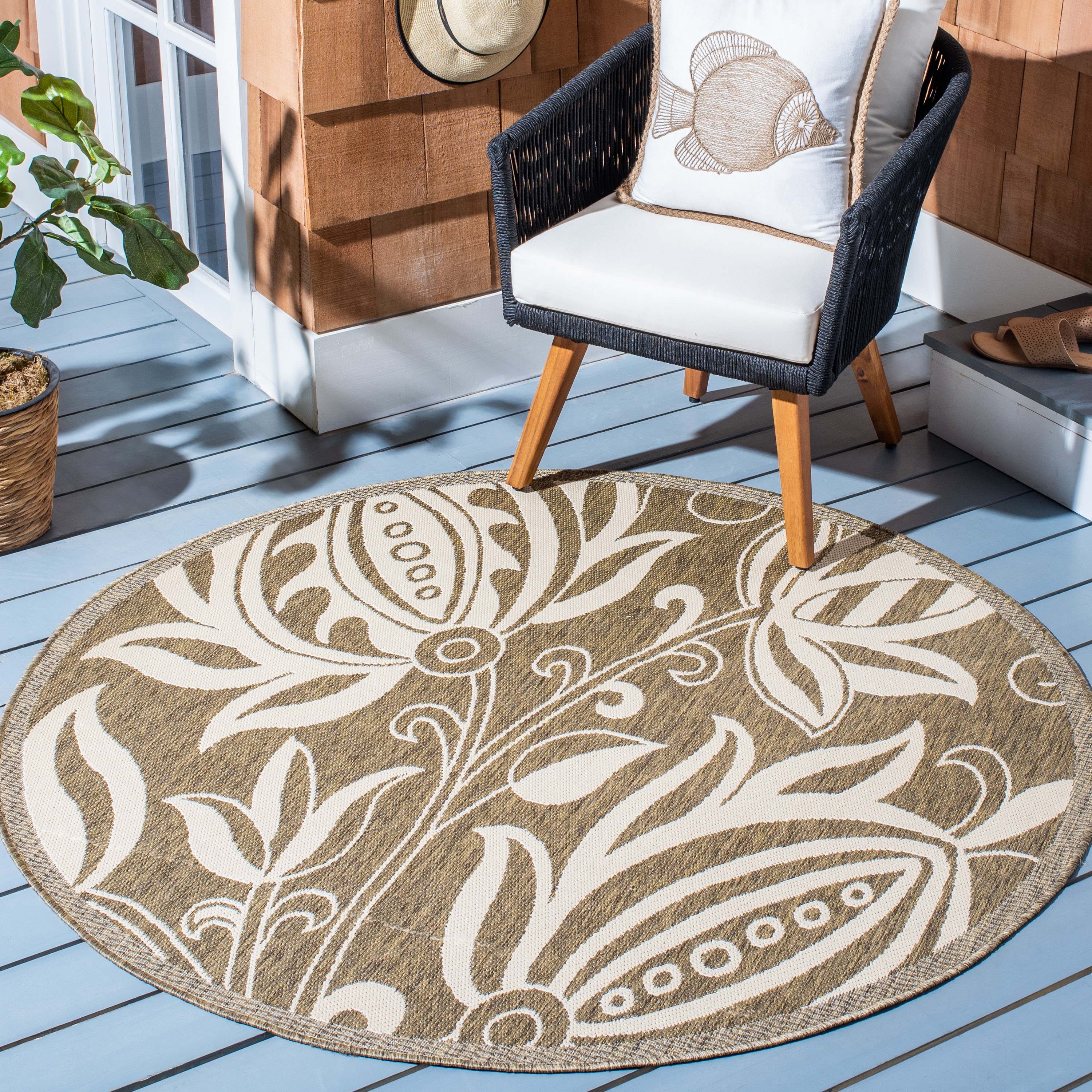 Safavieh CY2961-3009-5R Courtyard Blossums 5 x 5 (ft) Loomed Polypropylene Brown/Natural Round Indoor/Outdoor Floral/Botanical Coastal Area rug