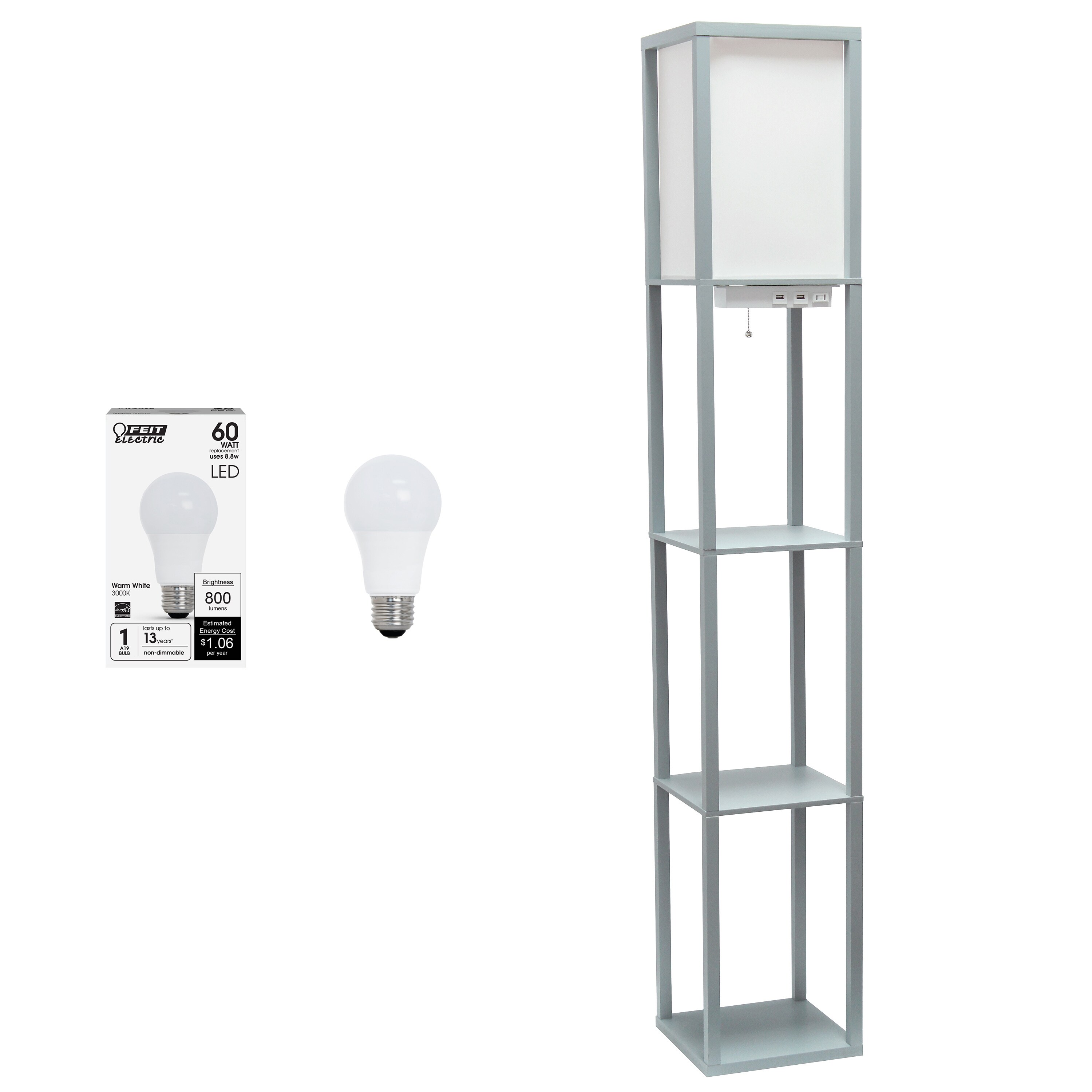 Classix 62.5" Gray Floor Lamp with White Linen Shade and Shelves