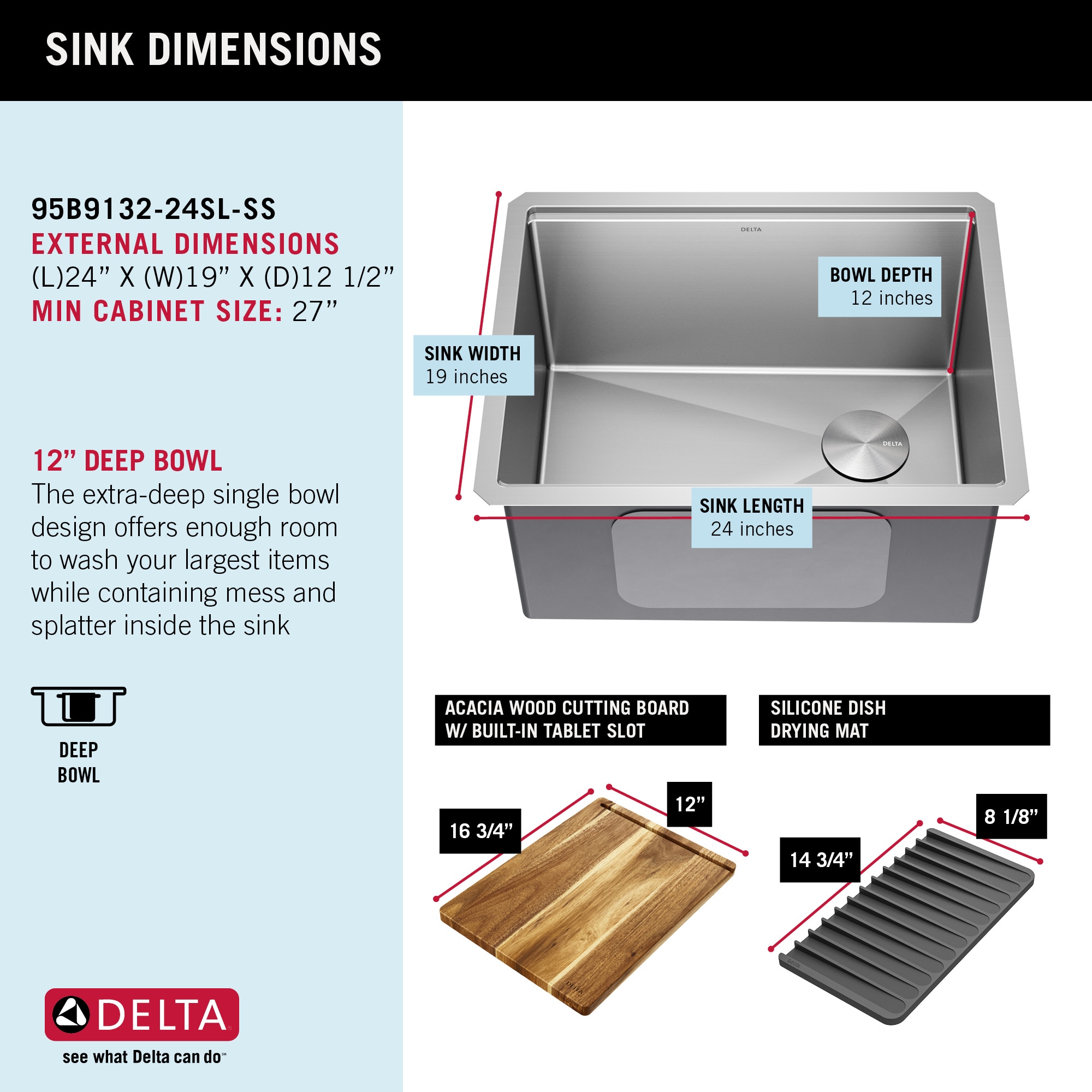 24" Stainless Steel Undermount Single Bowl Workstation Sink