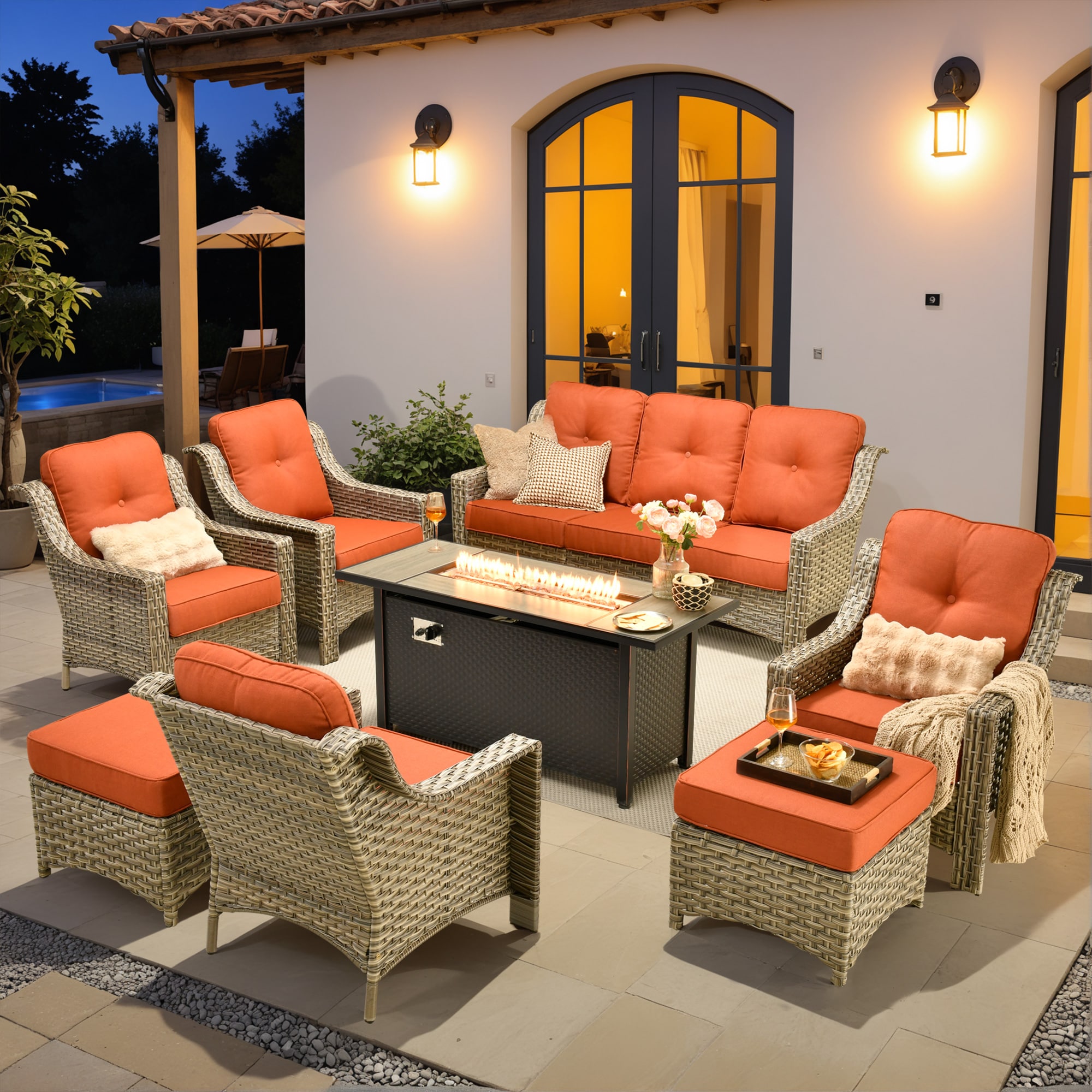 XIZZI XIPAD8C075-IFP54 Pyrophyllite 8 -Piece Rattan Patio Sofa Conversation Set with Orange Cushions