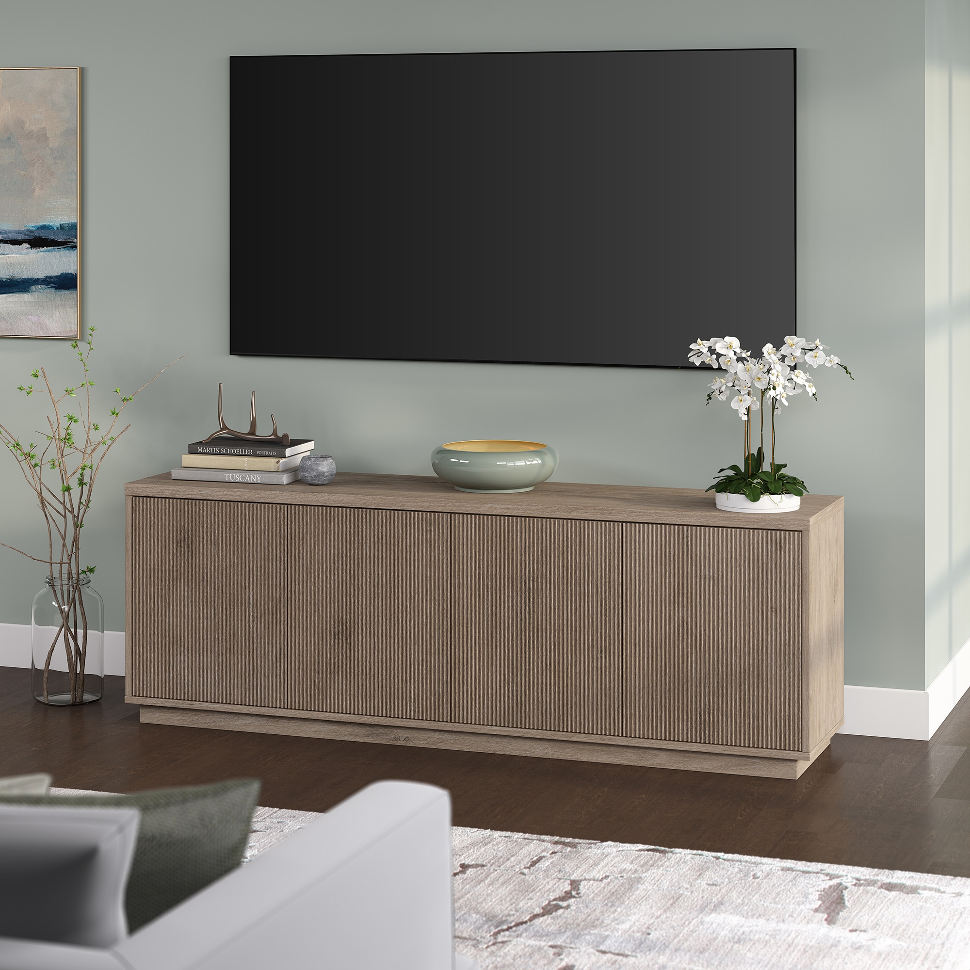 Antiqued Gray Oak Rectangular TV Stand with Cabinet for TVs up to 75"