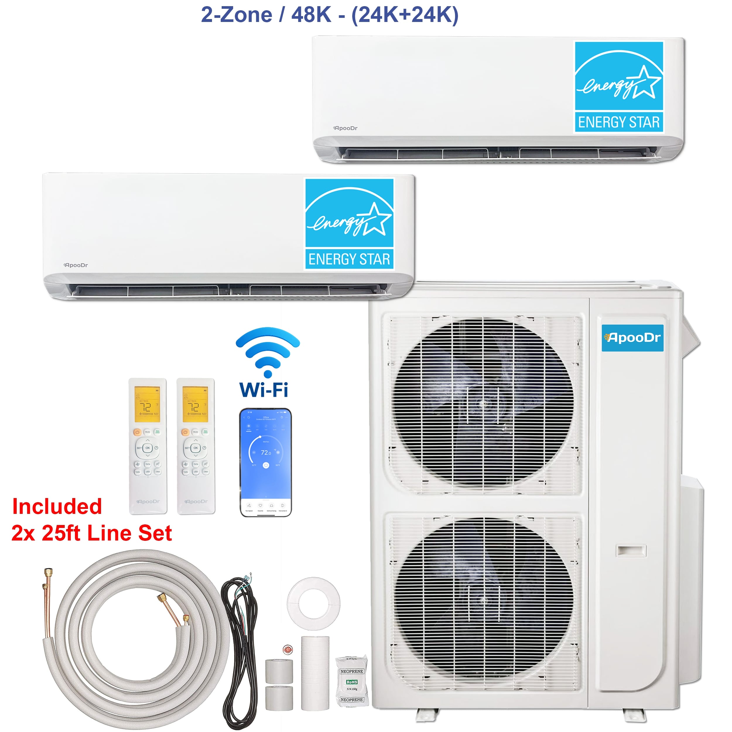 ApooDr AM6OG-48HFN1-24K24K StarZone 2 zone 48000-BTU 21 SEER2 Ductless Mini Split Air Conditioner Heat Pump Included with 25-ft Line Set 230-Volt