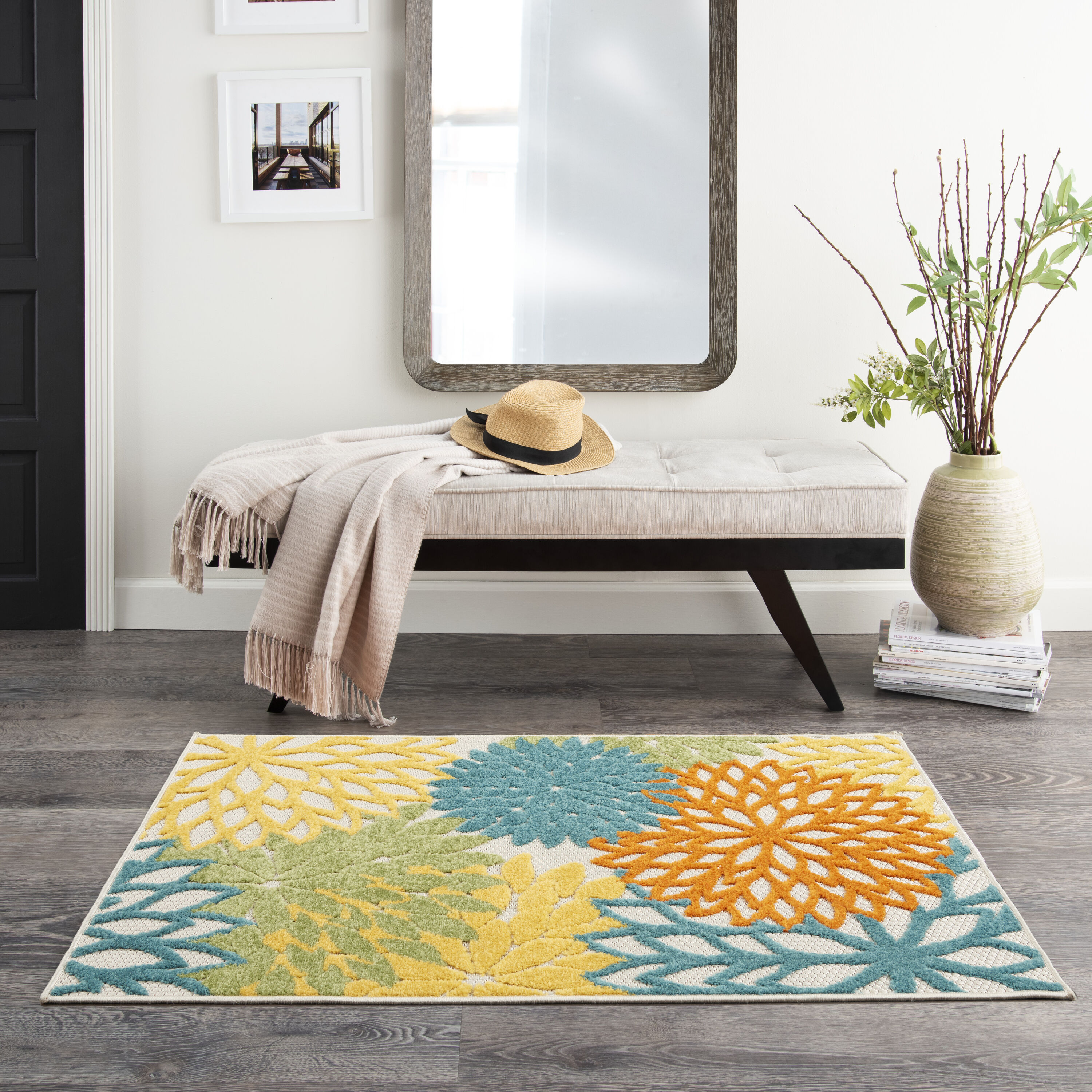 Tropical Aloha Bloom Turquoise Multicolor Floral Outdoor Rug