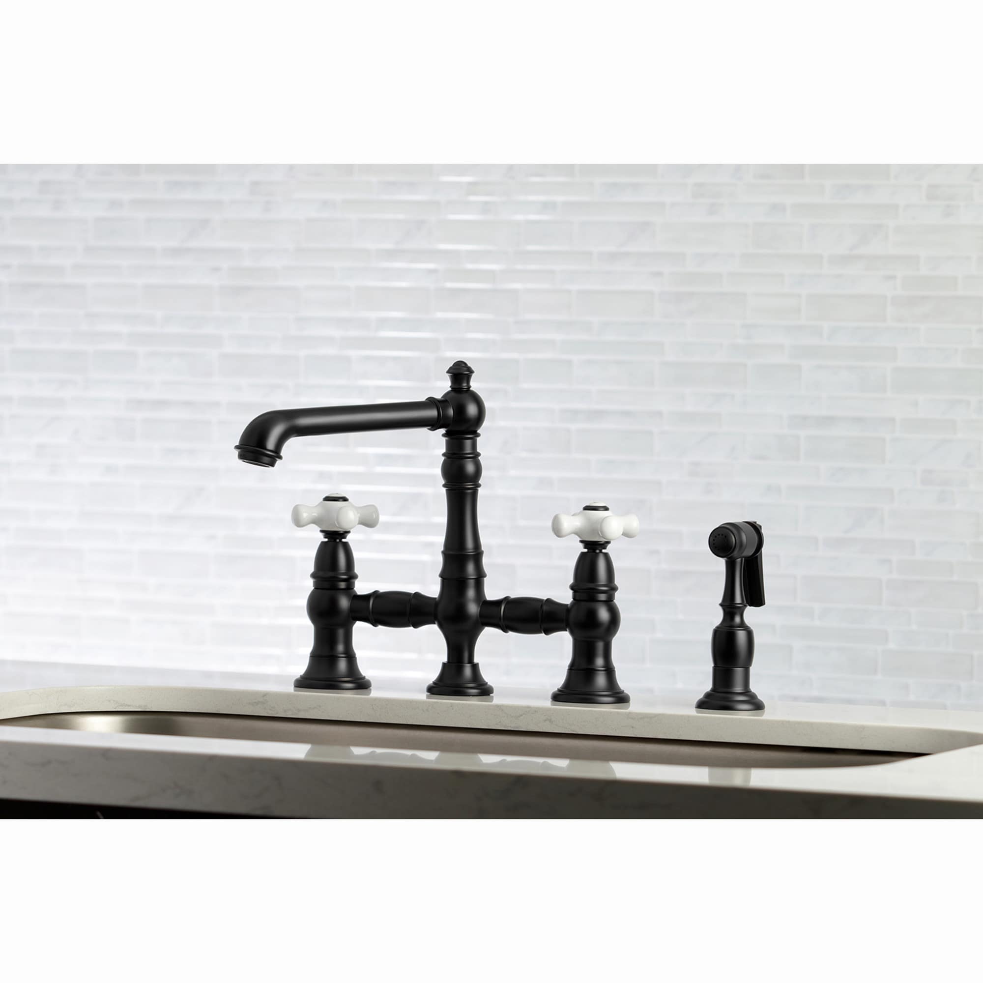 Kingston Brass WLKS7270PXBS English Country Matte black Double Handle Deck-mount Bridge Kitchen Faucet with Sprayer ( Side Sprayer Included )