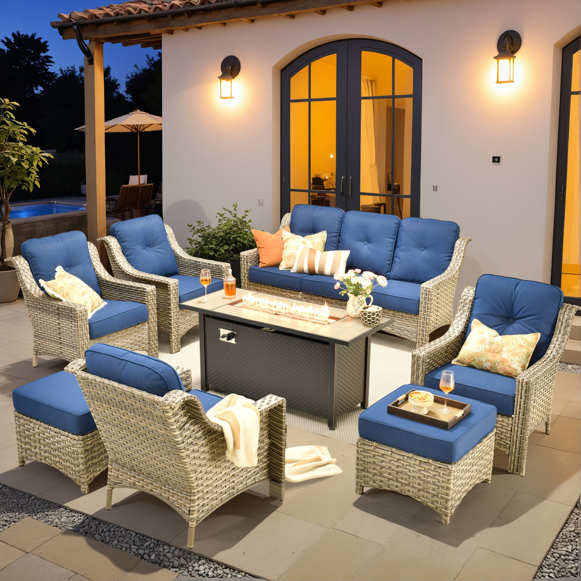 XIZZI XIPAD7075-IFP54 Pyrophyllite 8 -Piece Rattan Patio Sofa Conversation Set with Navy Cushions