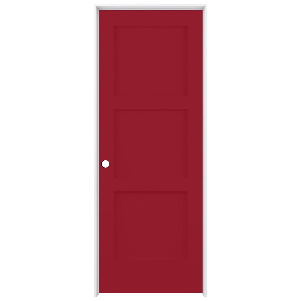 RELIABILT LO1369387 30-in x 80-in Barn Red Solid core 3-panel square Right hand Smooth Prefinished Pine Wood Flat Jamb Single Prehung Interior Door