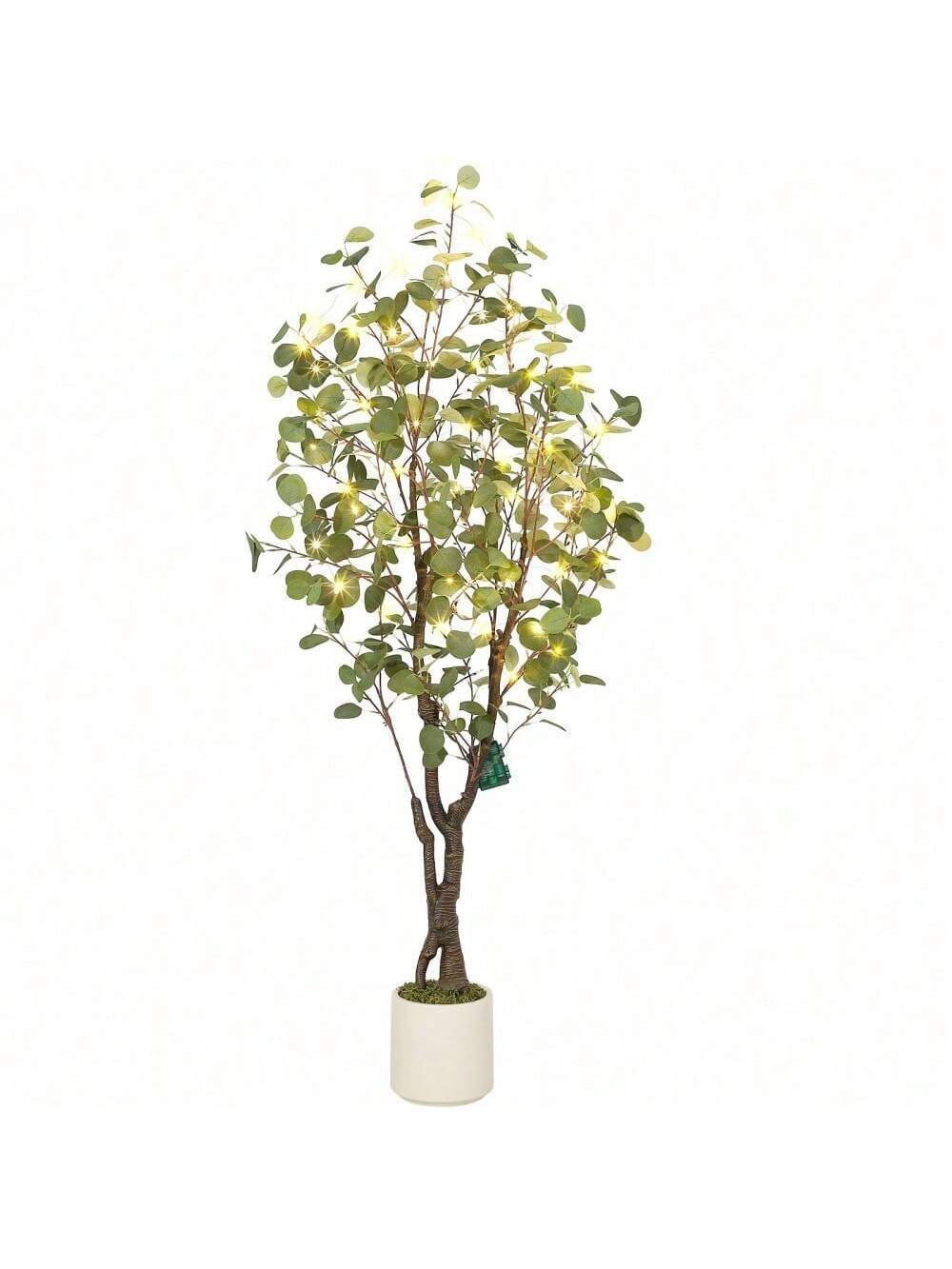 Qeetex PHK-33YMP8VQ-HF4 5FT(with lights) Realistic Artificial Eucalyptus Tree with White Planter. Large Faux Floor Plant with Lights. Ideal for Home Office and Living Room Decor