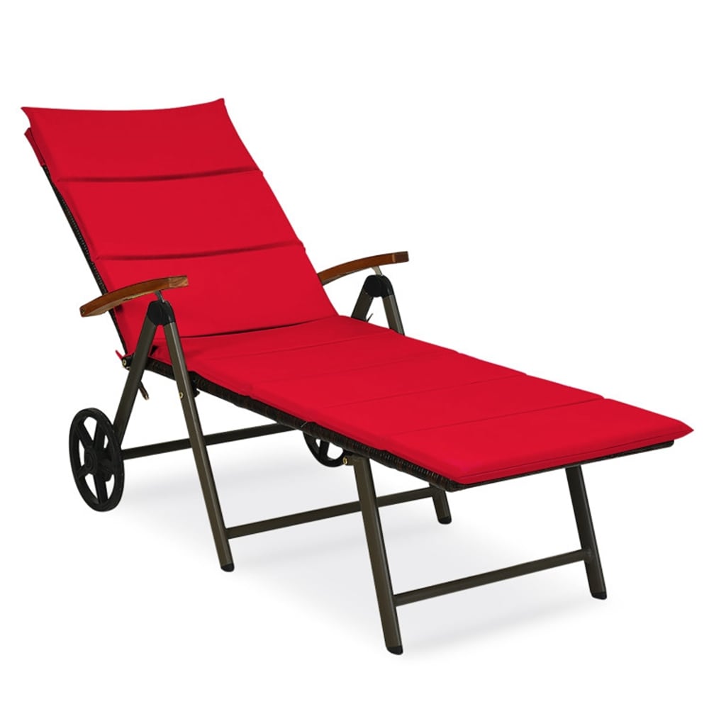WELLFOR CHY-963PLCRE CHY Patio Chaise Lounge Chair Stackable Red Wood Frame Stationary Chaise Lounge Chair with Red Cushioned Seat