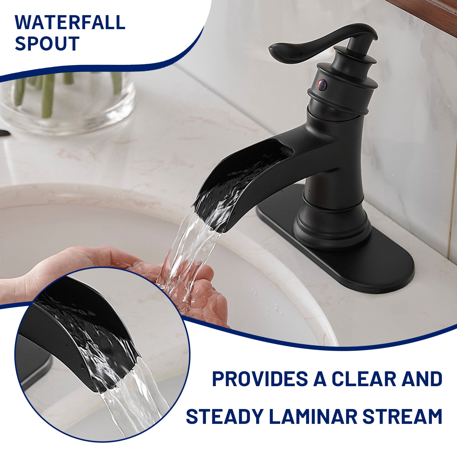 Matte Black Single-Handle Waterfall Bathroom Faucet with Deck Plate