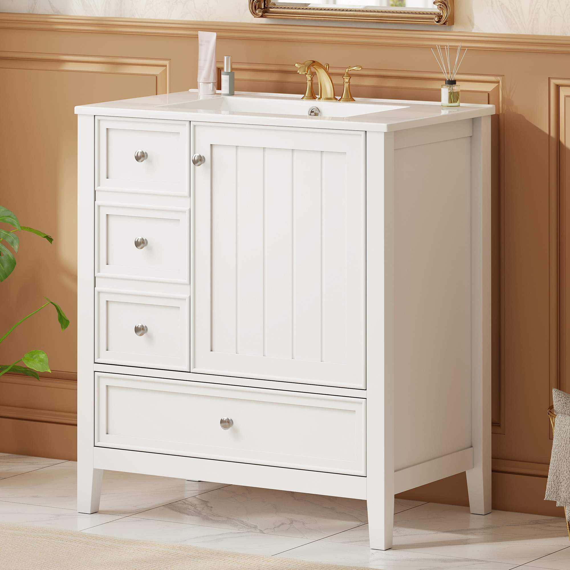 MooxvMoo 30-in Bathroom Vanity with Semilune Ceramic Sink Cabinet Drawers Multi Functional Divider Real Wood MDF for Bathroom Home (White)