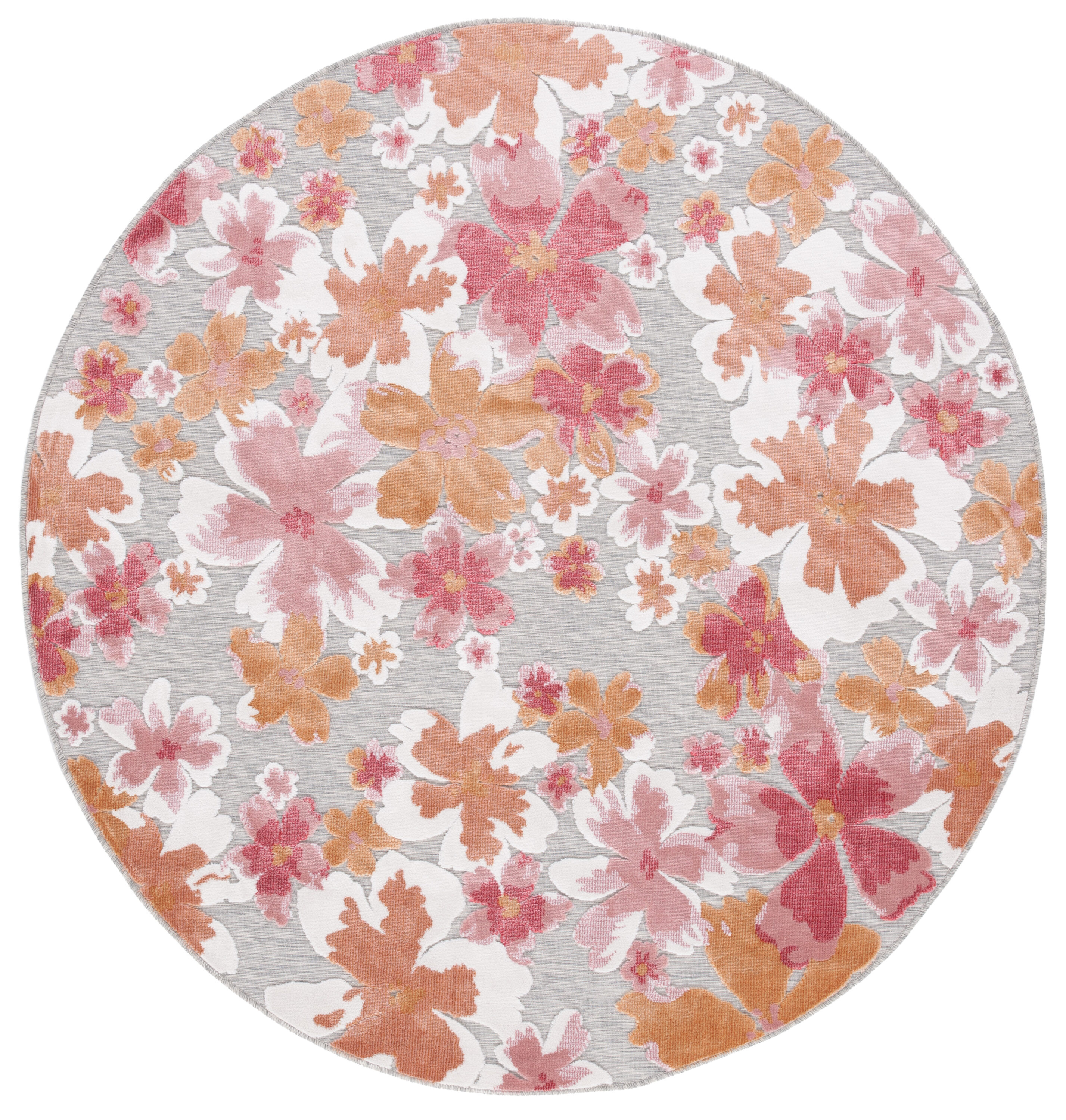 Gray and Pink Floral Round Synthetic Indoor/Outdoor Rug