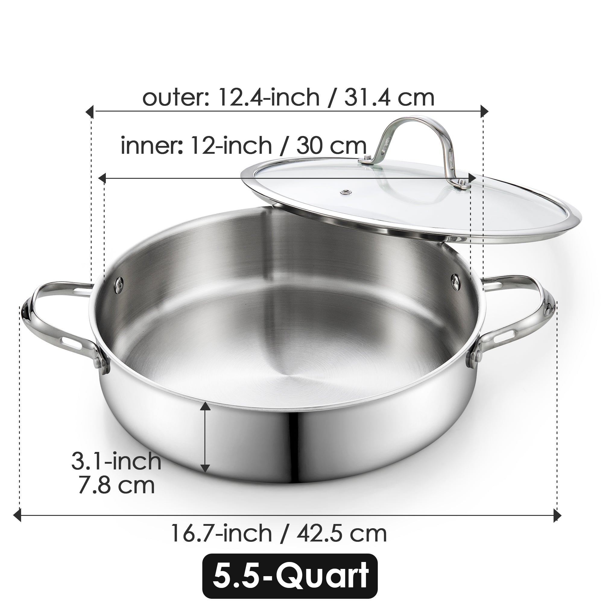 Cooks Standard 5.5 Quart 12 inch Multi Ply Clad Stainless Steel Deep Saute Pan Large Skillet with Lid