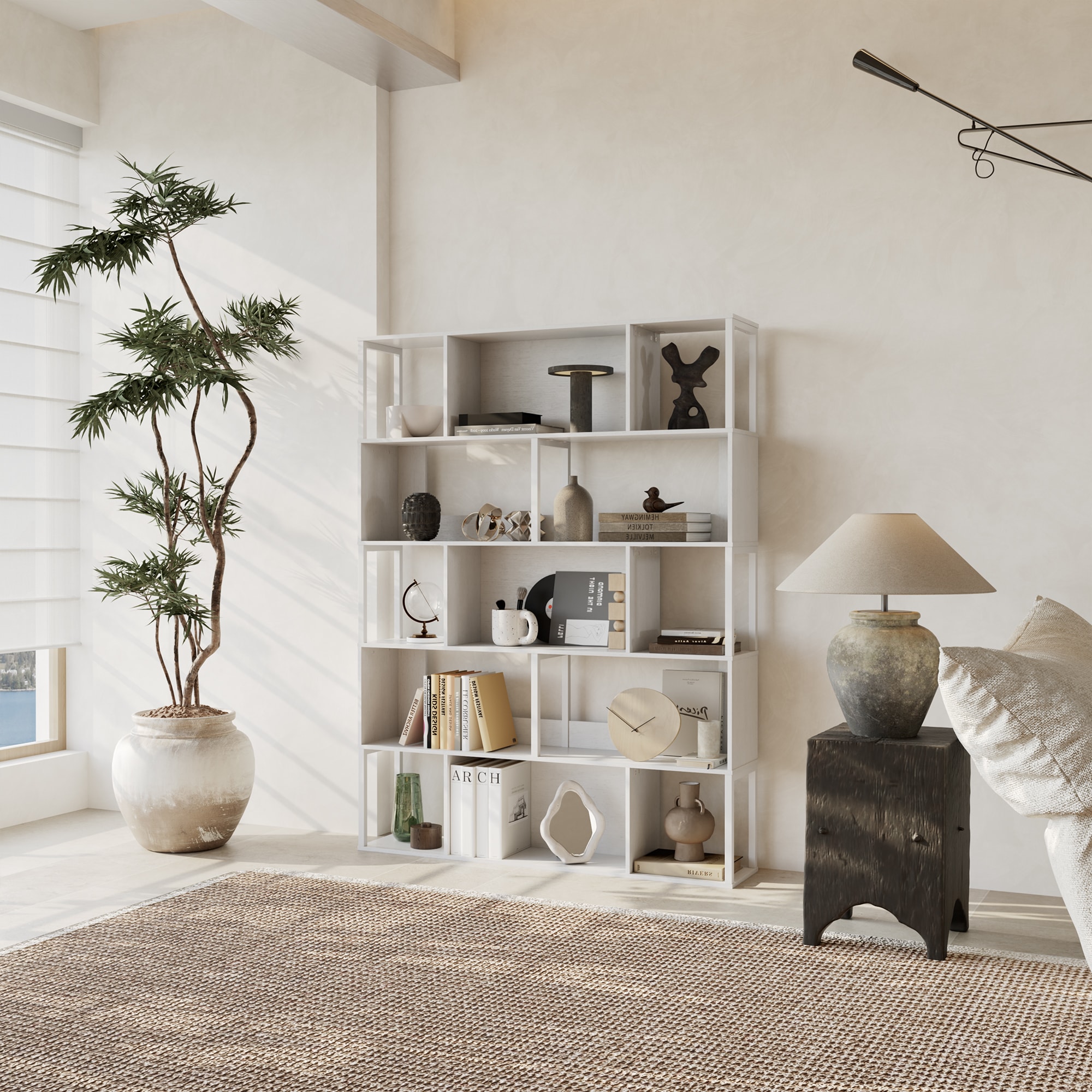 Garvee Iron Wood 5 Tier Grid Style Bookcase Industrial Standing Shelf for Living Room Home Office Storage Display Rack 120x24x157cm White Embossed #SMALL WHITE RELIEF