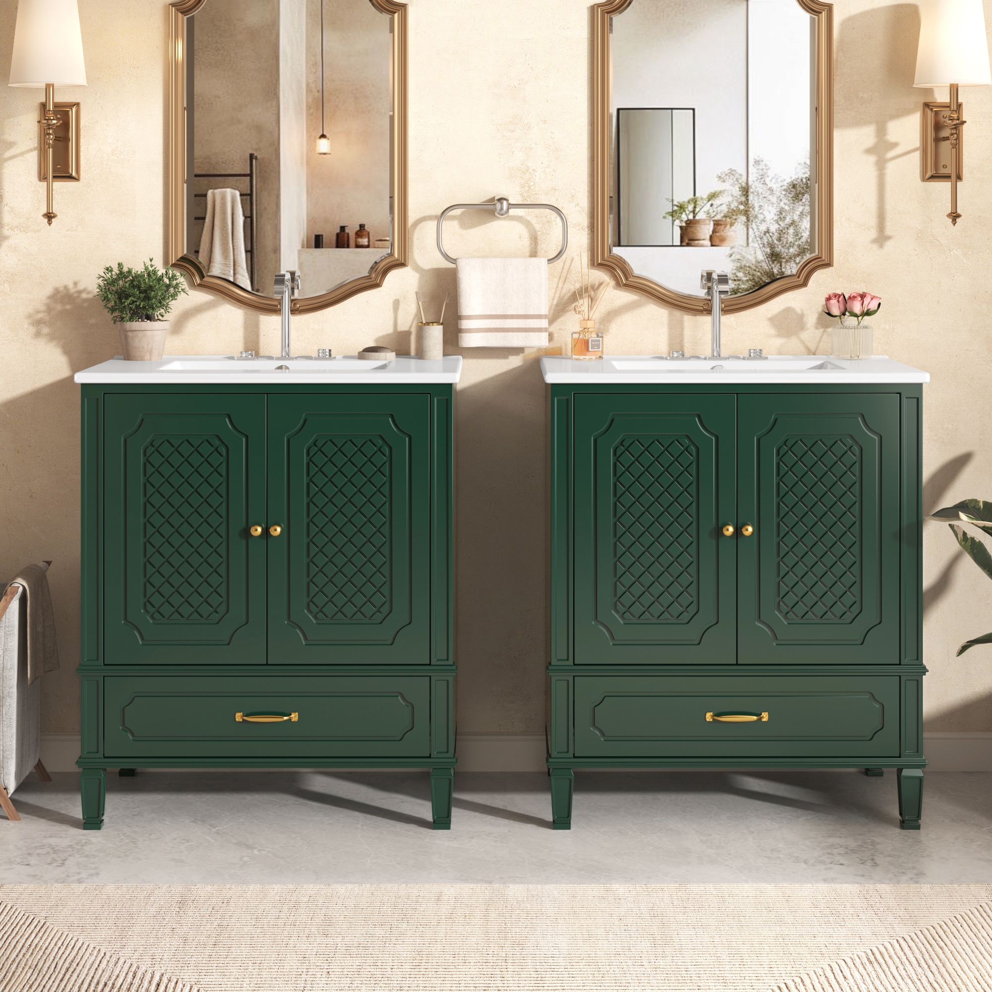 Tahanbath 60 inches Bathroom Vanity with Double Sink Combo Set 2 Cabinet with Door Organizers 2 Drawers Green
