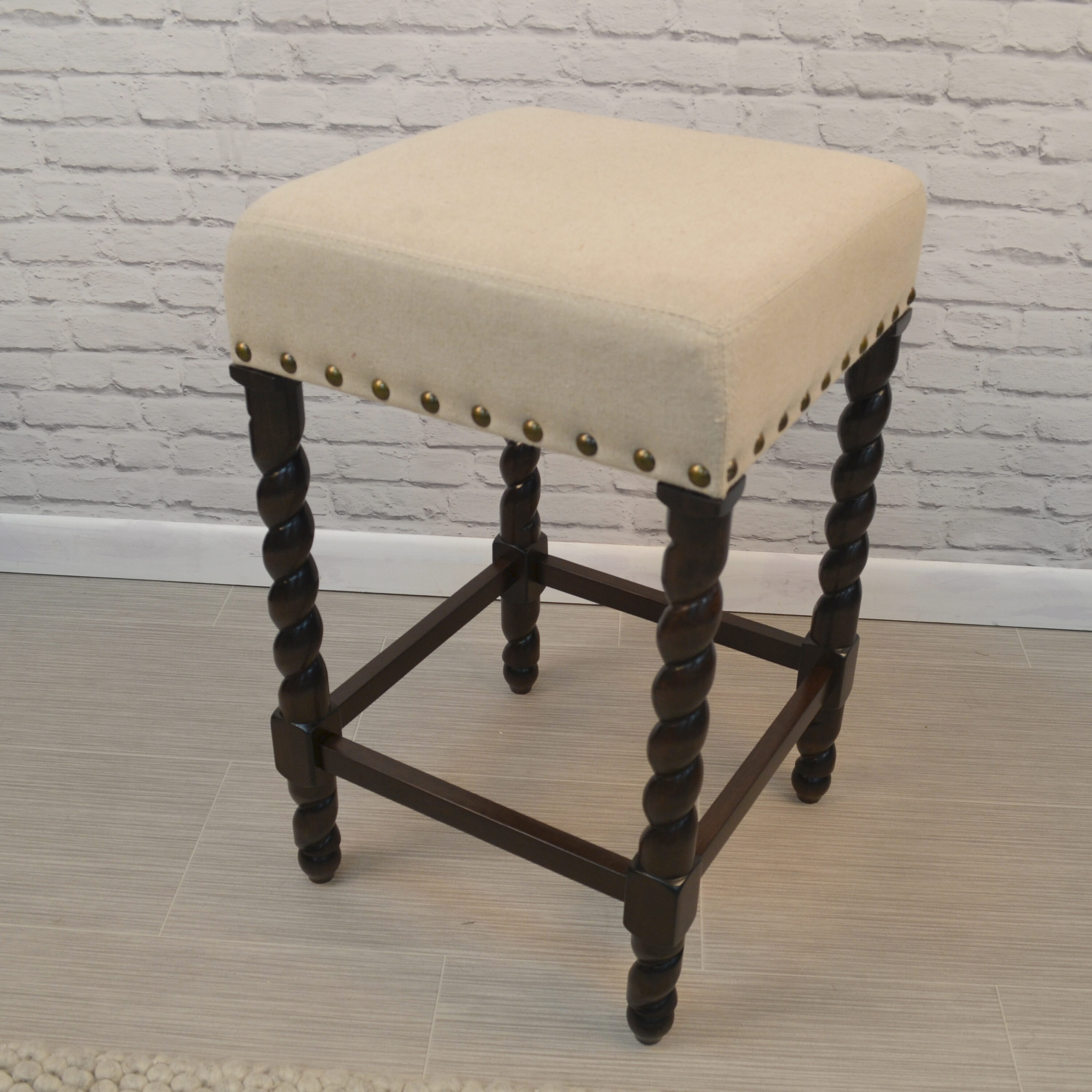 Espresso Linen Upholstered Backless Swivel Counter Stool