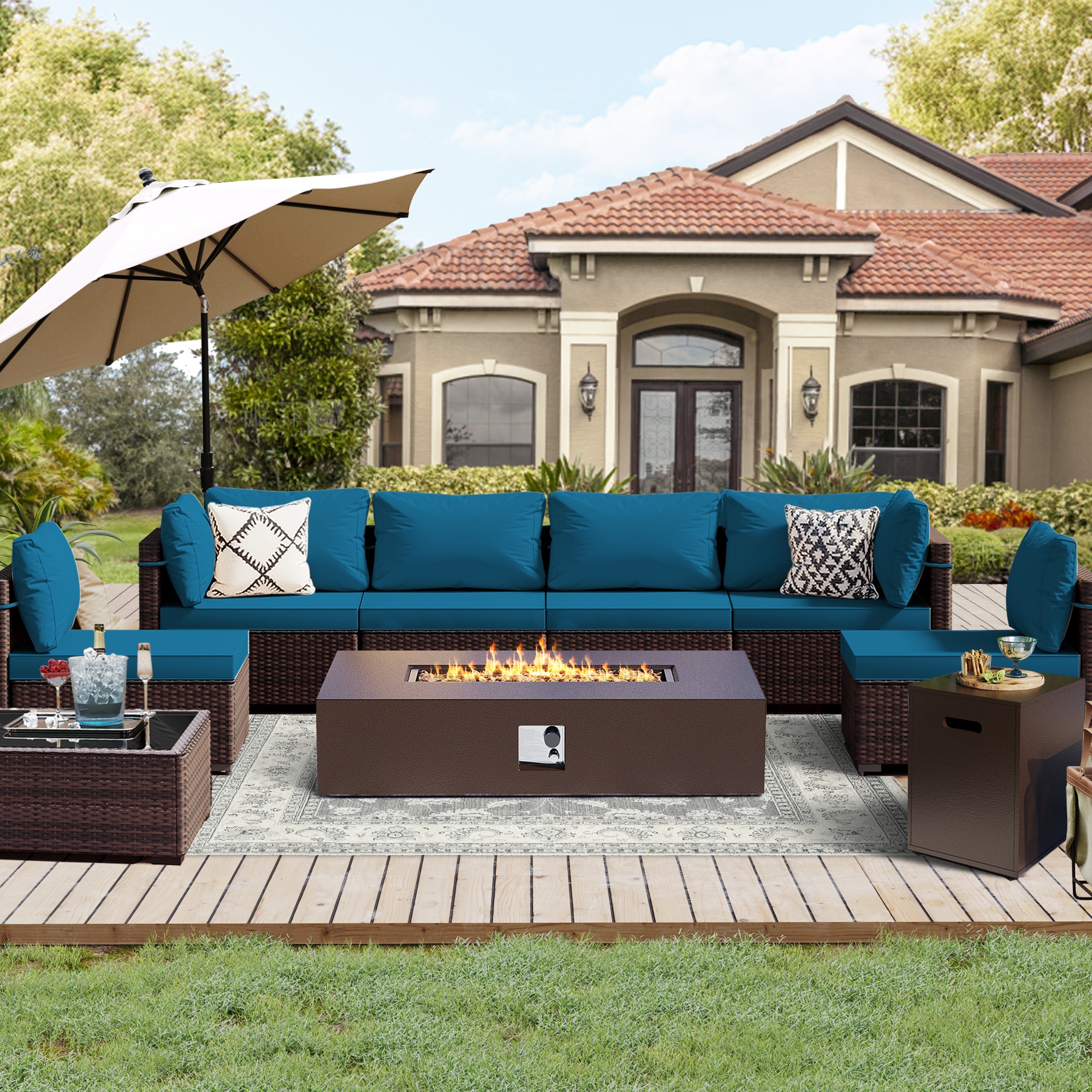 UPHA PL-2CZ-56TPBR-Z3 Brown Wicker Patio Furniture Set 9 -Piece Wicker 4 Patio Sofa Conversation Set with Blue Cushions