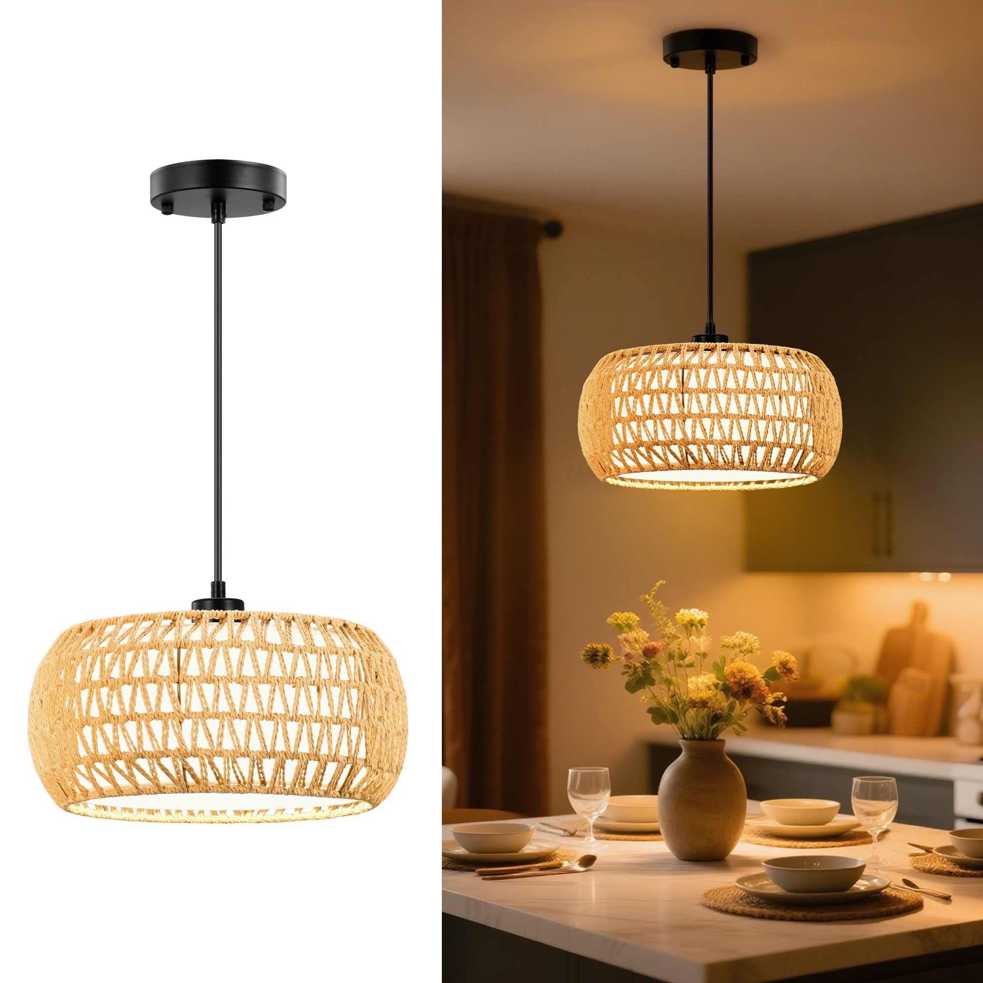 Unique Bargains Pendant Lights Plug in Pendant Light Hanging Lamp Boho Lamp Woven Rattan Pendant Lamp Shade for Kitchen Island Modern Farmhouse Chandelier Light Fixtures (Bohemian 1)