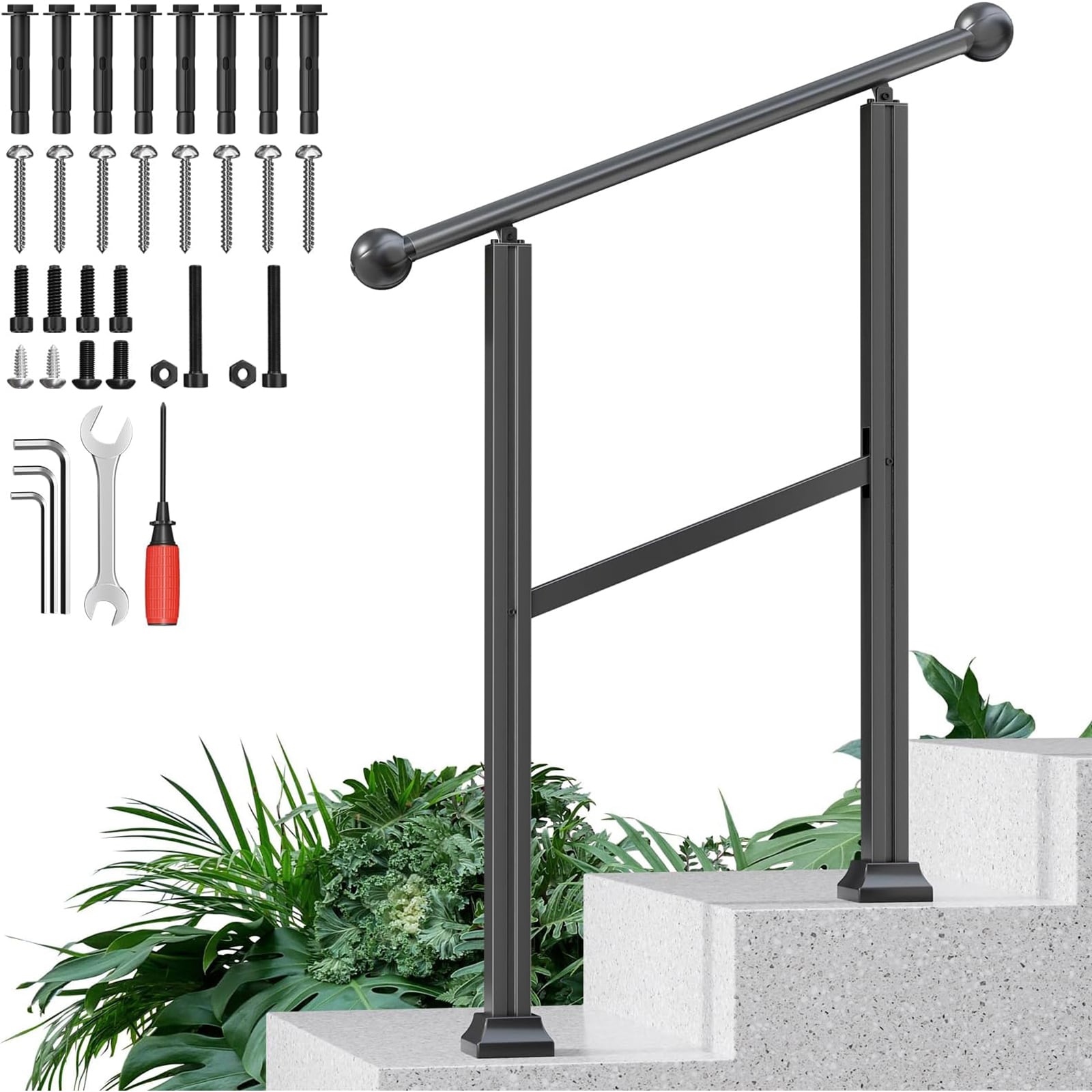 Afoxsos 2-Step Outdoor Stair Handrail Kit Heavy Duty Aluminum Alloy Adjustable Height 28in Rail 38in Column Powder Coated Black Finish Installation Hardware for Concrete Porch Deck Brick