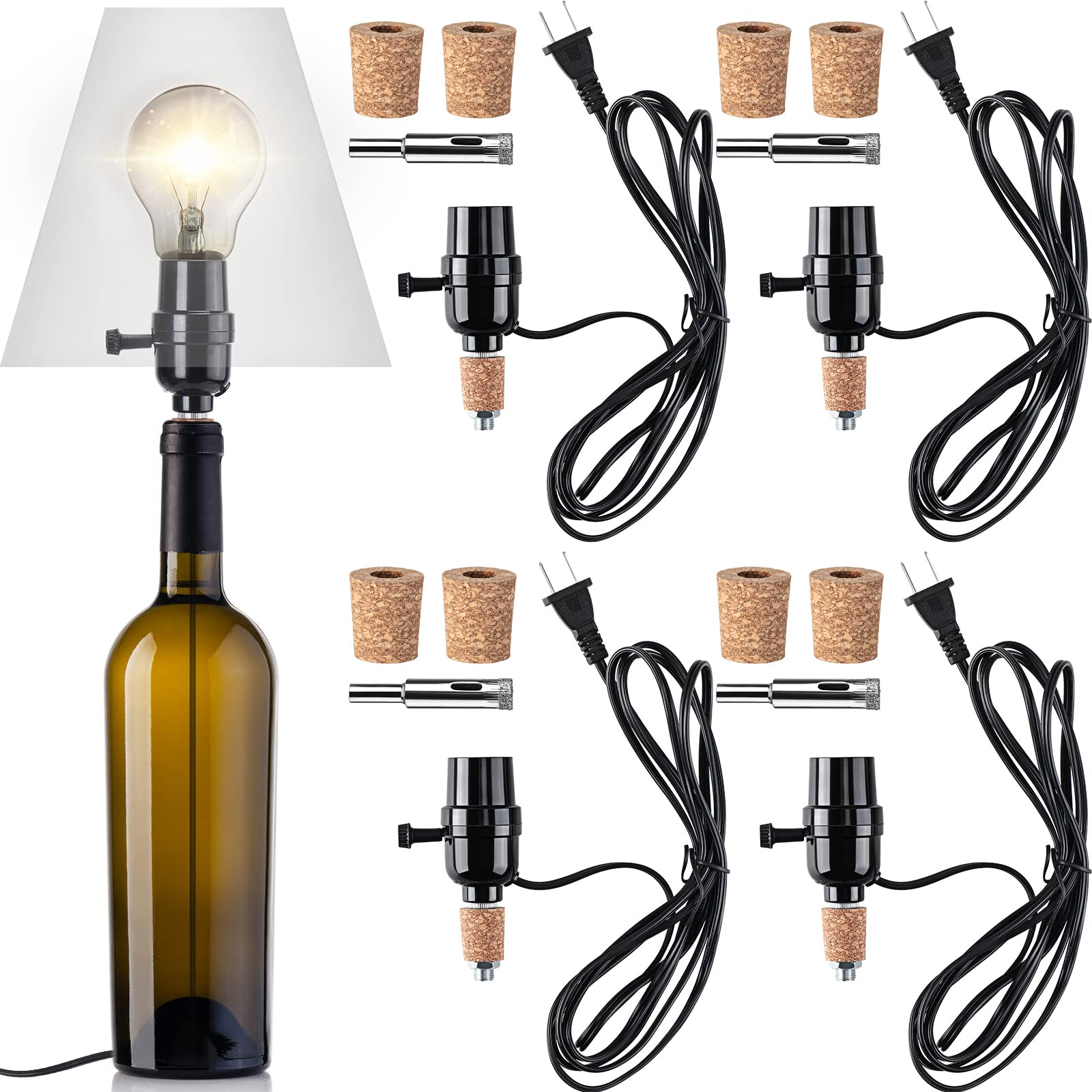 Misopily 4 Sets Bottle Lamp Kit with 3 Size Stoppers 9 mm Glass Drill Bit Slip on Socket and 8 Feet Power Cord for DIY Wine Whiskey Beer Glass #LMS0810M109