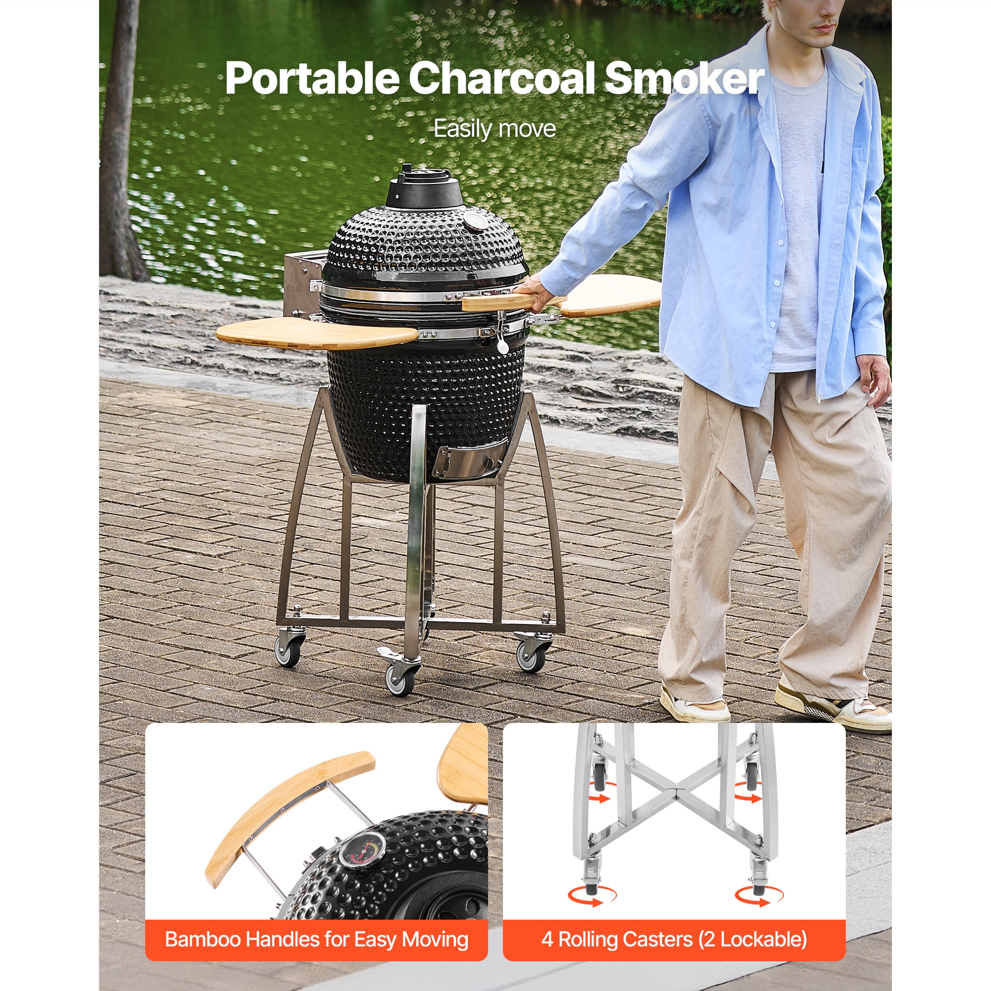 GIVIMO Charcoal Smoker and Grill 18-in Kamado BBQ Smoker Movable Ceramic Barbecue Grill with 4 Wheels Built-In Thermometer and Side Shelf for Outdoor Patio Yard Cooking Sansujyuku sansujyuku.com