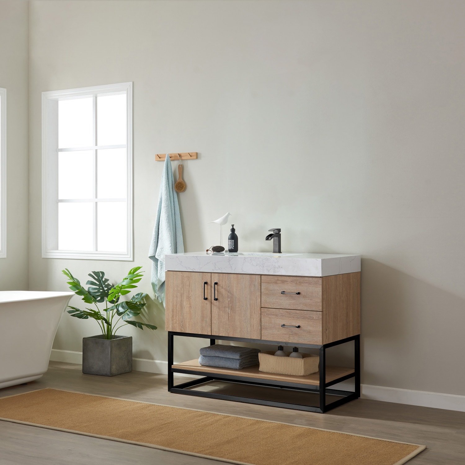 42 Inch Oak Single Vanity with White Stone Top and Matte Black Frame
