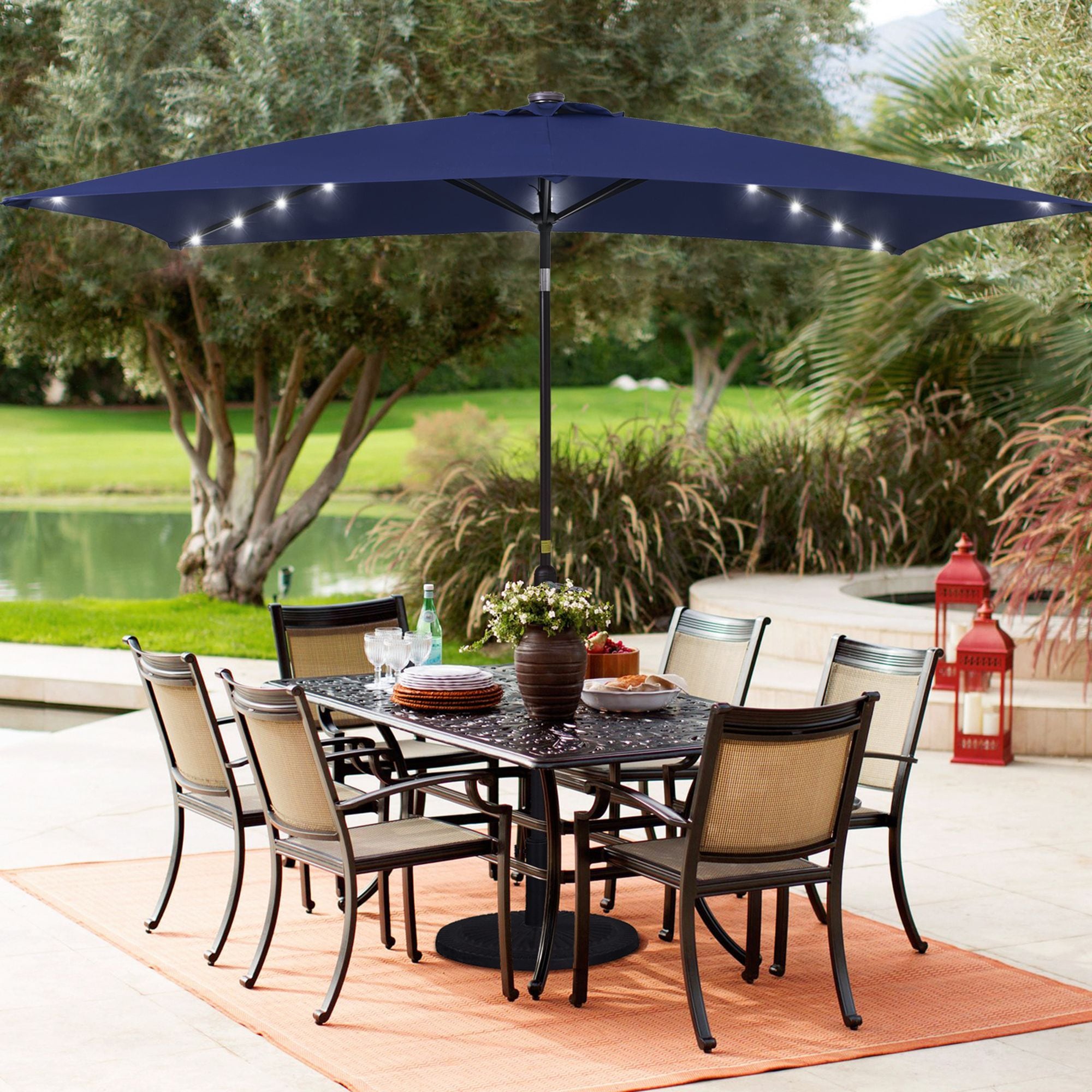 Sonkuki SD-127L-LED 10-Feet Steel Blue Push-button Tilt Market Patio Umbrella with Lights and