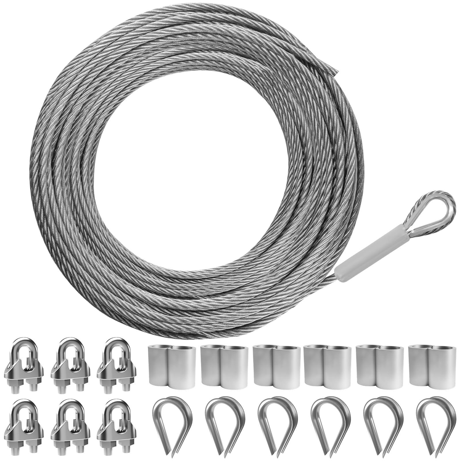 Lukvuzo Stainless Steel Wire Rope Kit 50FT Quarter Inch 7x19 Strand Core with Thimbles Clips Sleeves for Deck Railings Stair Railings Outdoor #LLU0706L072