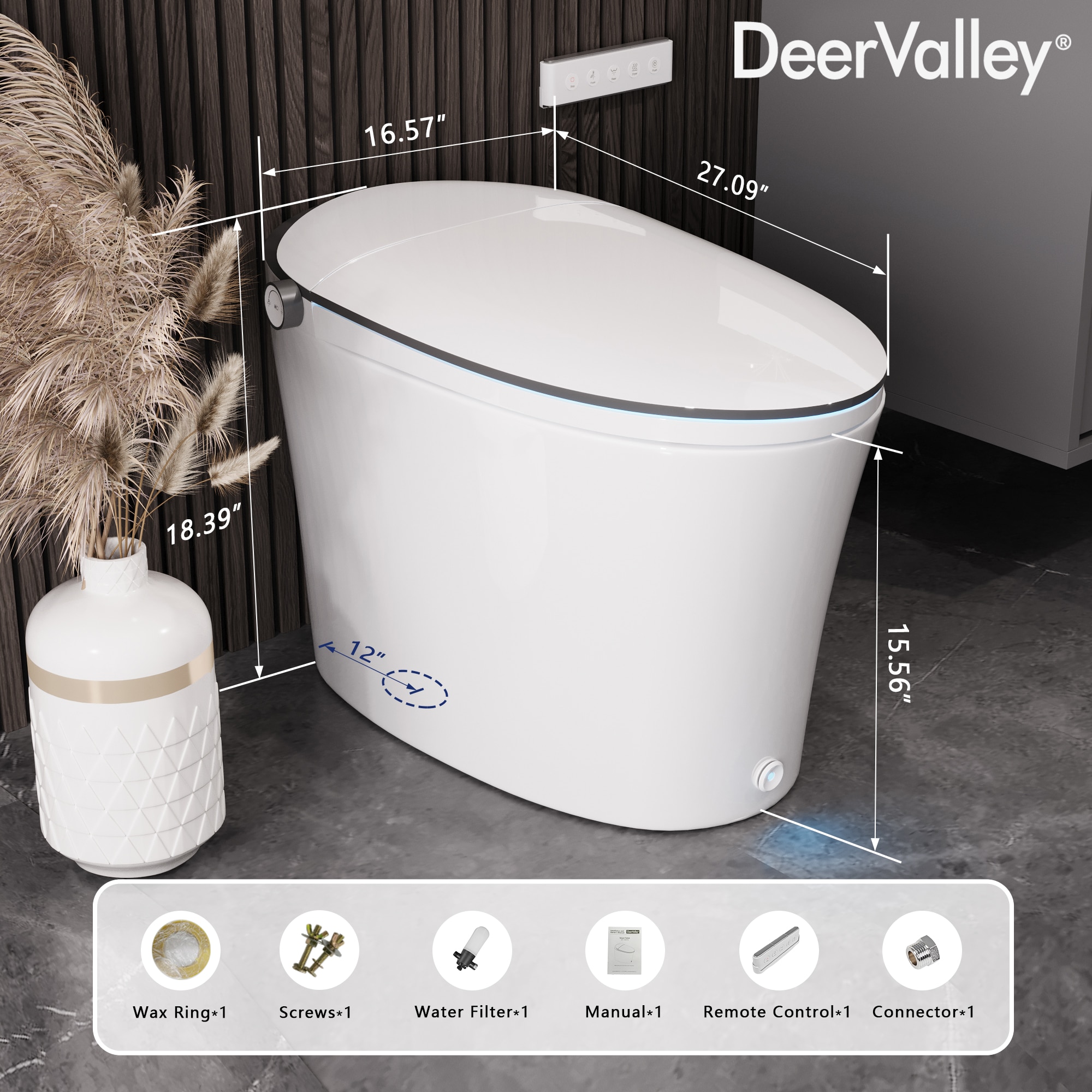 White Elongated Smart Bidet Toilet with Heated Seat and Remote