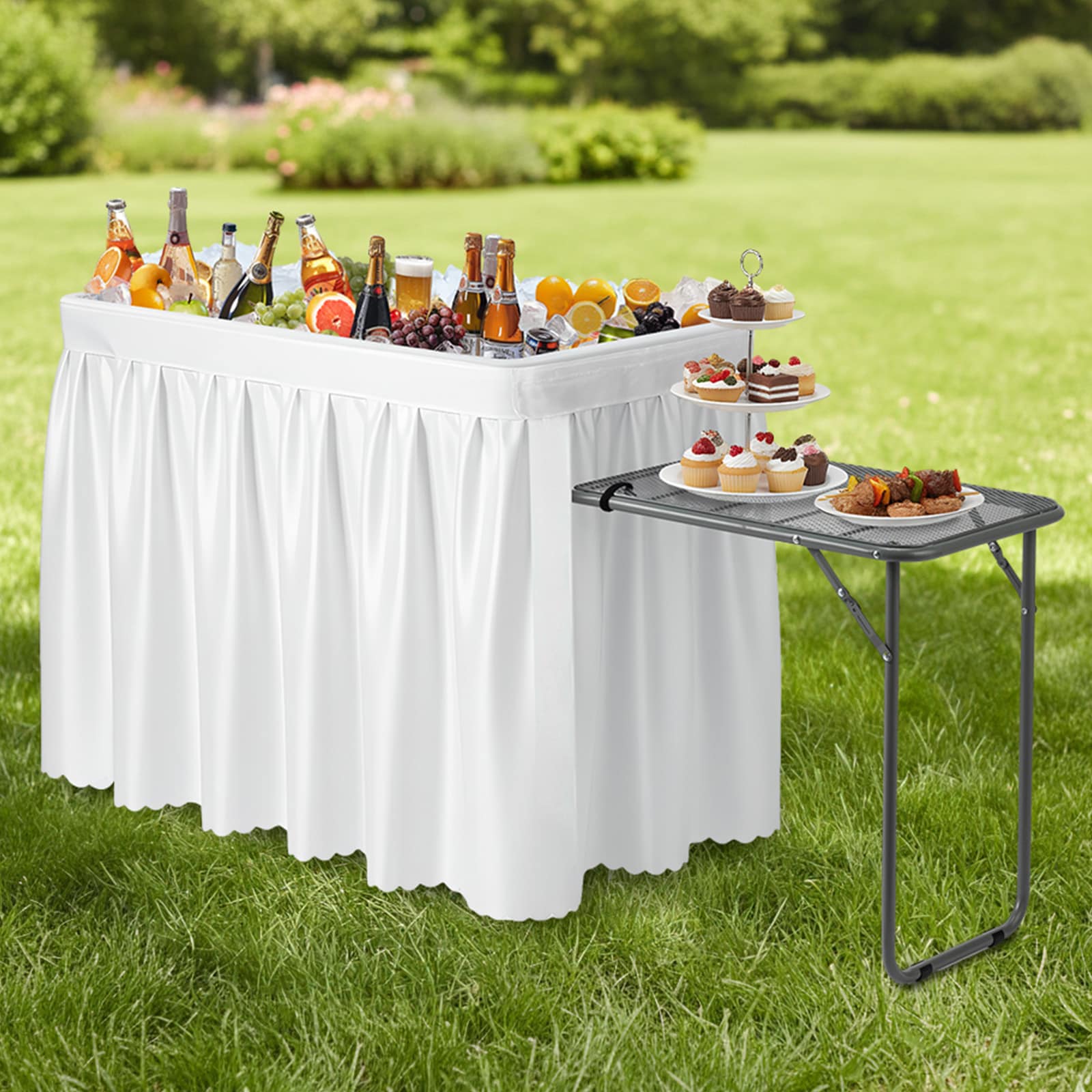 VINGLI 22D x 64W x 32H Portasble Ice Table with with Side Table and Removable Skirt/Indoor and Outdoor Bar for Events Parties and Camping White