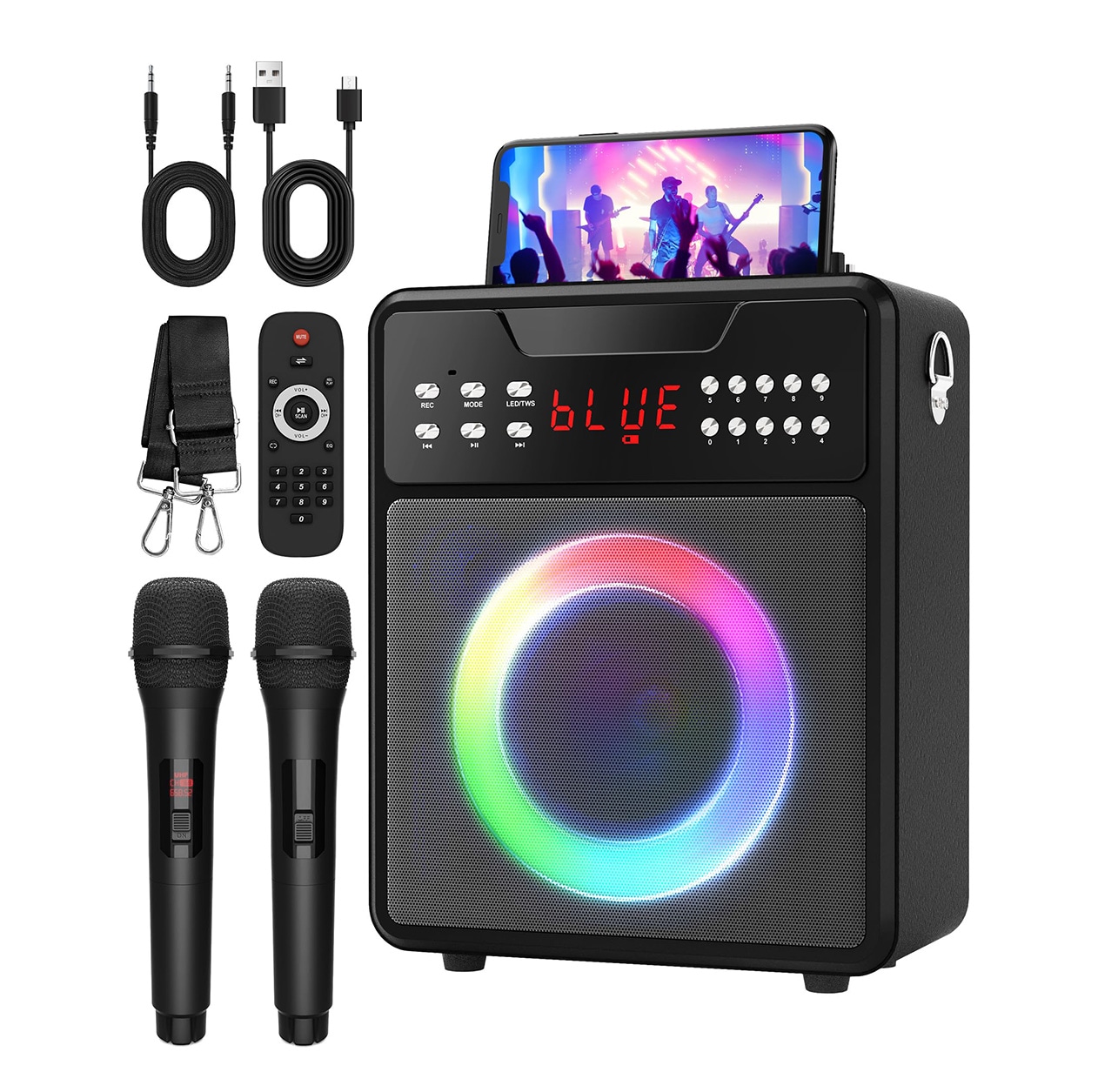 Misopily Karaoke Machine Portable Bluetooth Speaker 2 Wireless Microphones LED Light Show Bass Treble TWS USB FM REC AUX TF Card 1 Set #LMS0305K19