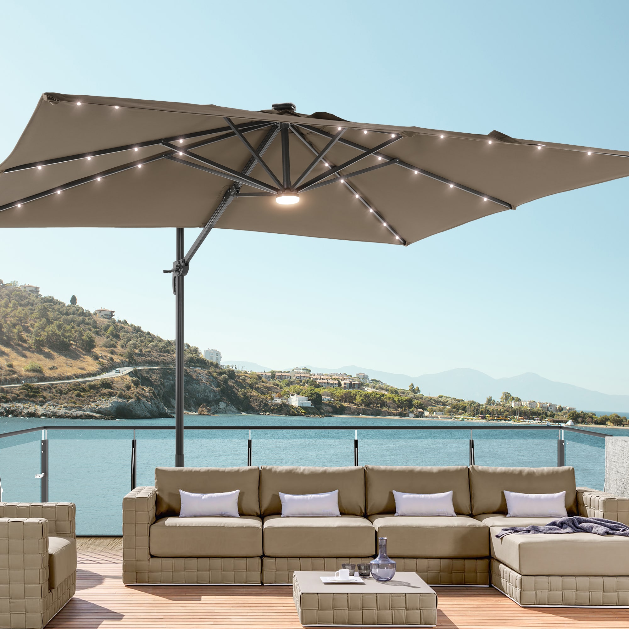 Sonkuki SD-MN108TP-LED 10-ft Aluminum Tan No-tilt Cantilever Patio Umbrella with Lights