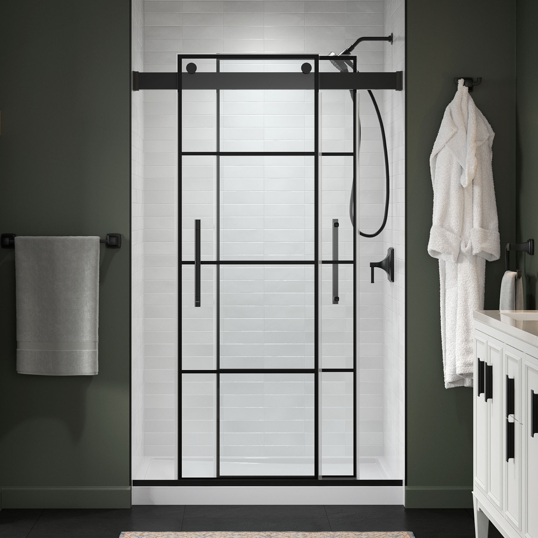 KOHLER 702475-8G79-BL Premise Matte Black 44-in to 48-in W x 75.75-in H Frameless Clear Glass Sliding Soft Close Shower door