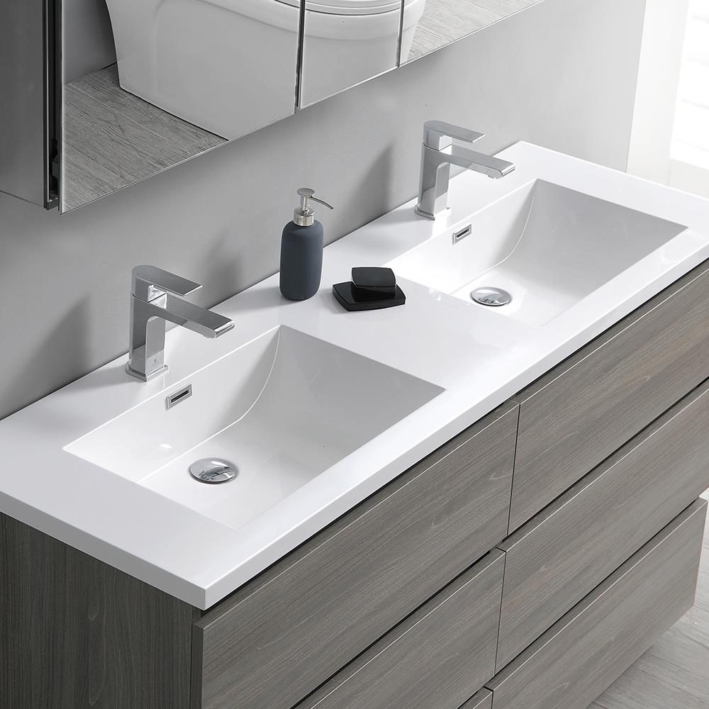 Gray Wood 60" Freestanding Double Sink Vanity with Acrylic Top