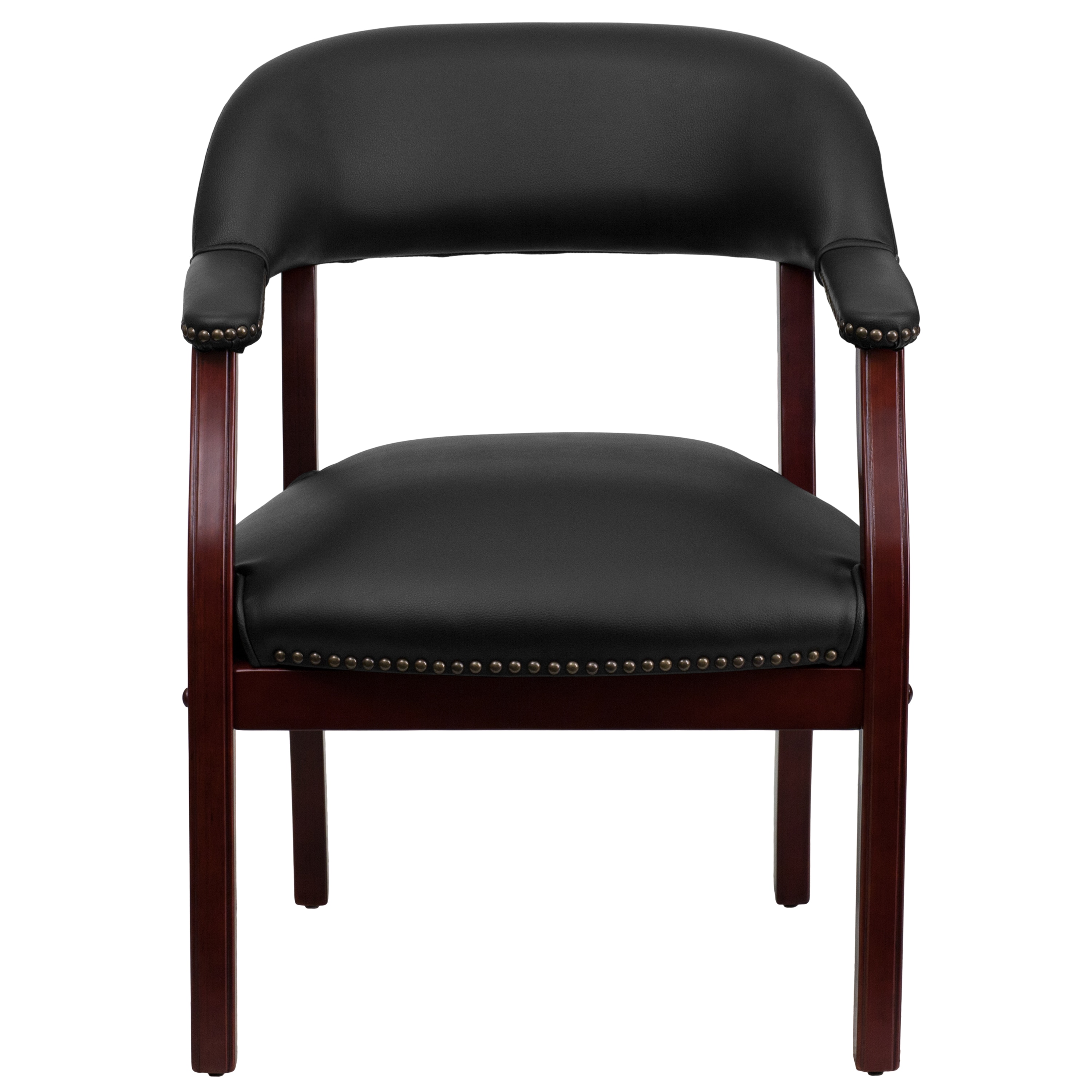 Elegant Black Vinyl and Wood Office Chair with Brass Nail Trim