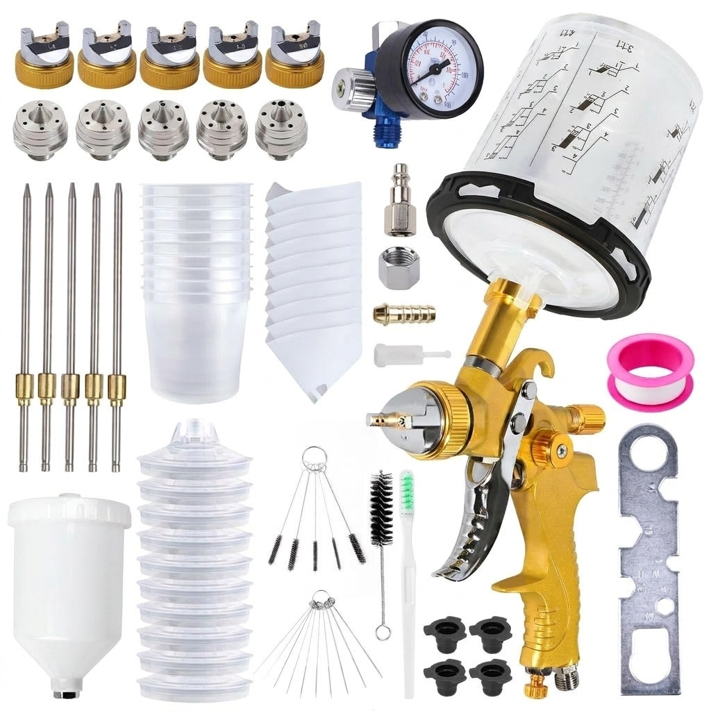 Misopily HVLP Spray Gun Kit 5 Nozzle Sizes 1.4mm 1.7mm 2.0mm 2.5mm 3.0mm with 10pcs 600cc Disposable Cups and Lids for Automotive and Woodworking #LMS0427E13